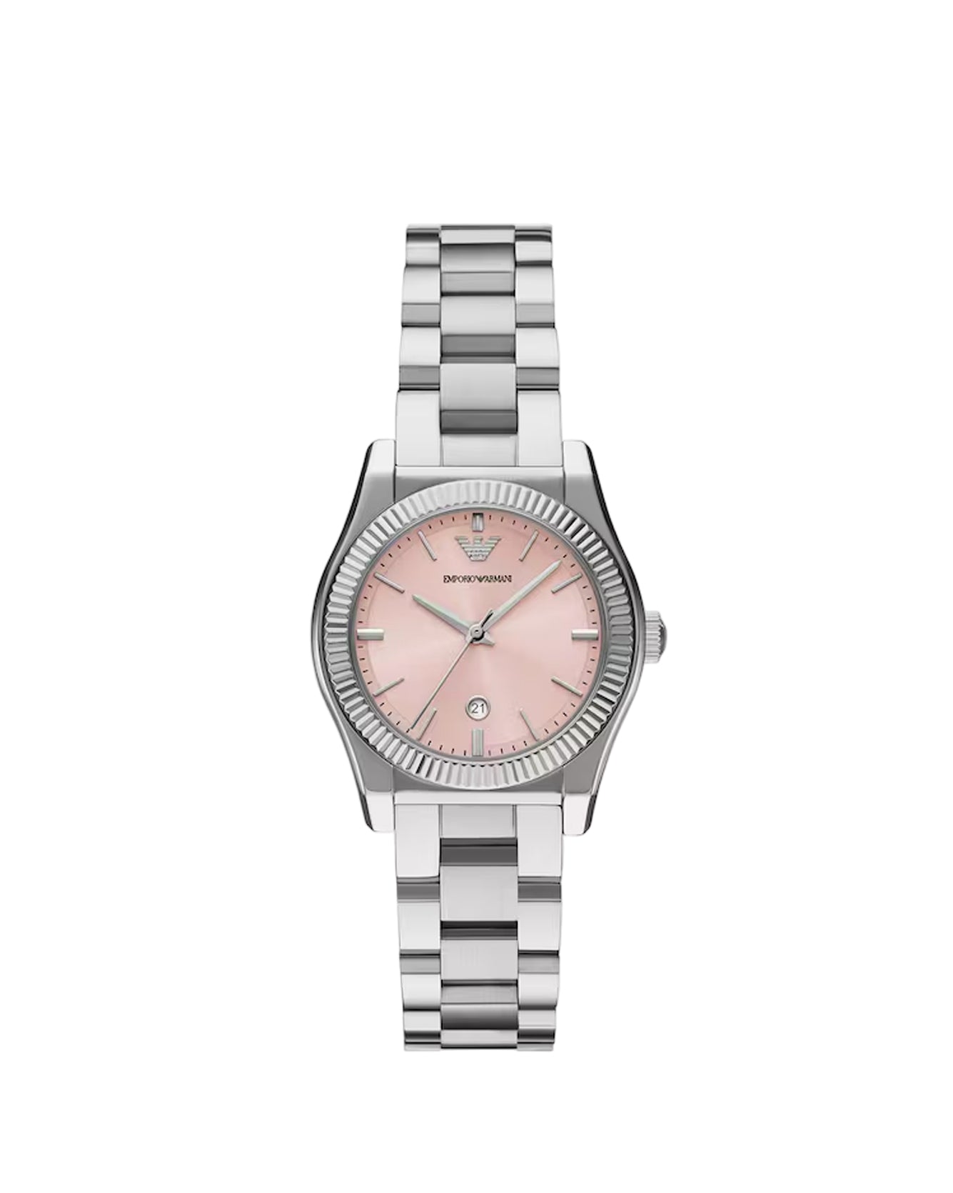 Silver watch with a pink face on a white background