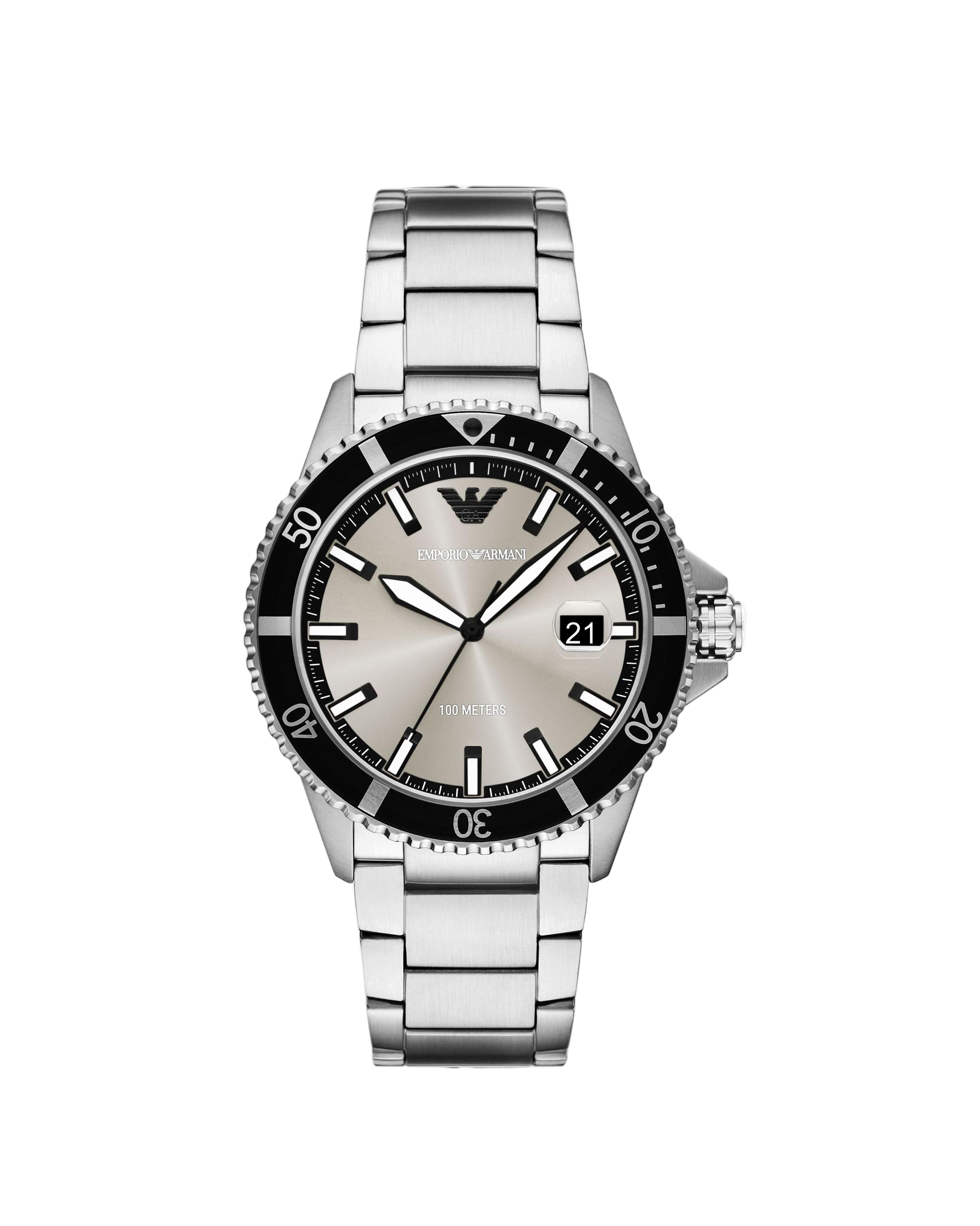 Silver Emporio Armani watch with black bezel on a white background