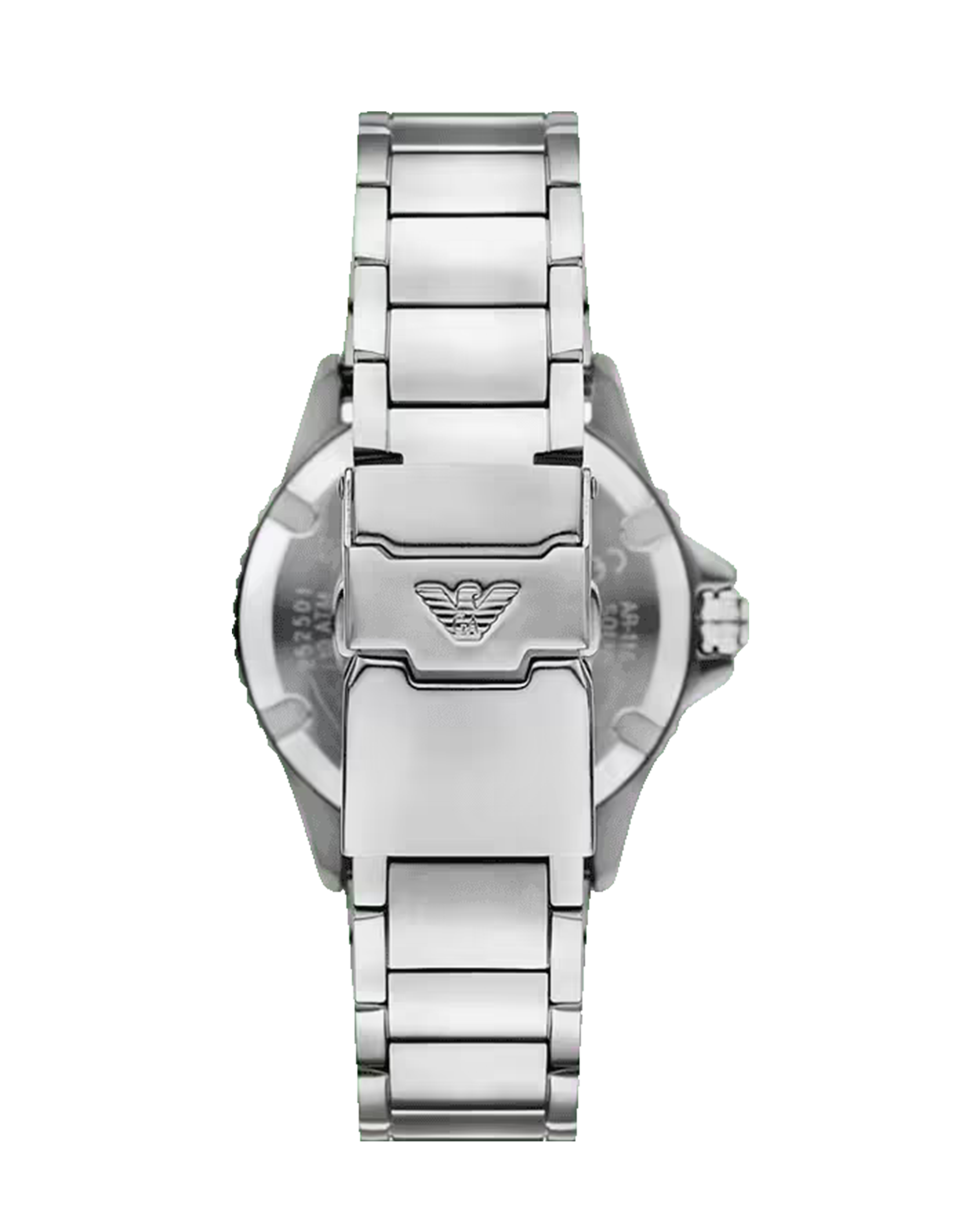 Silver watch with a brand logo on a white background