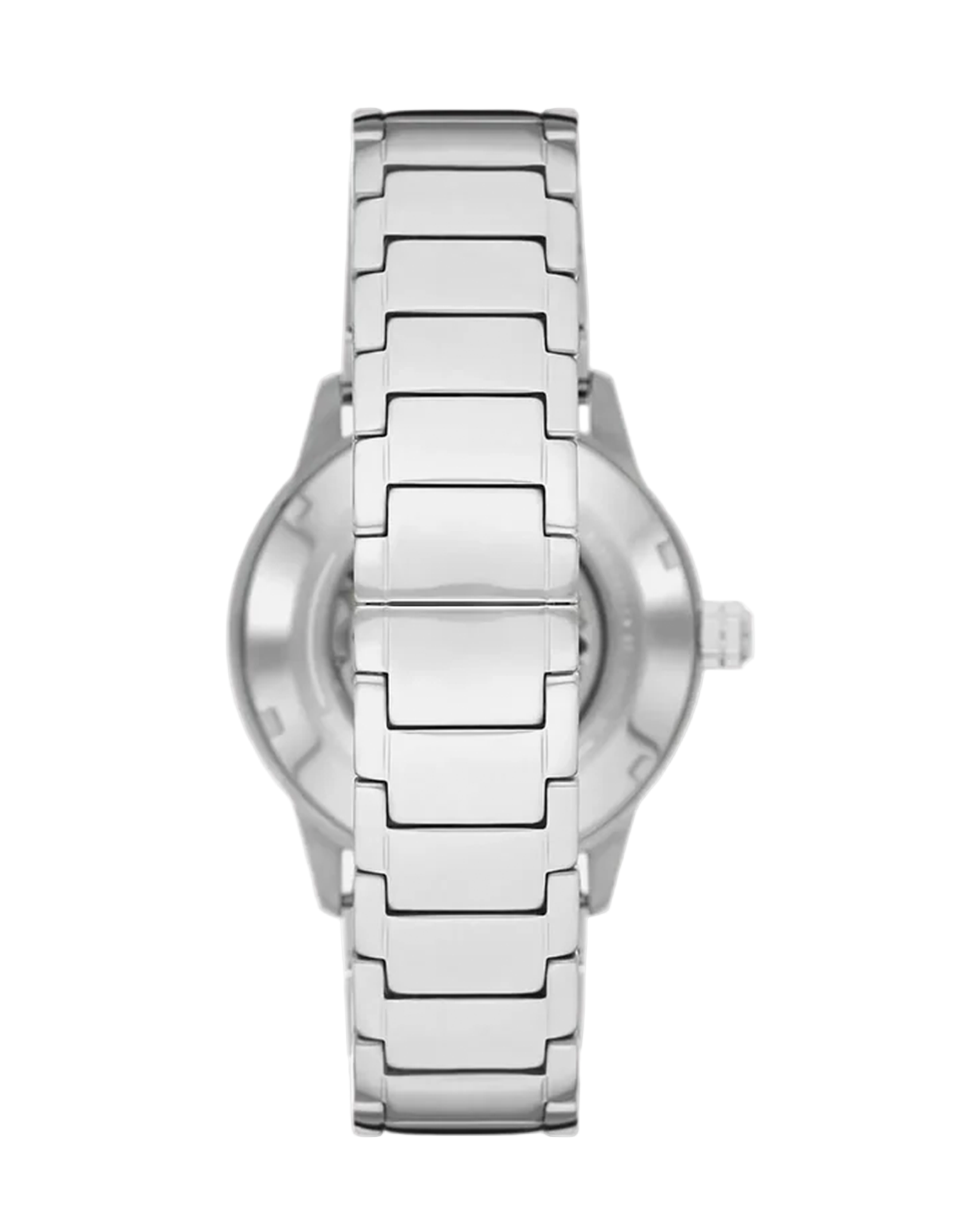 Silver watch with a detailed metal band on a white background
