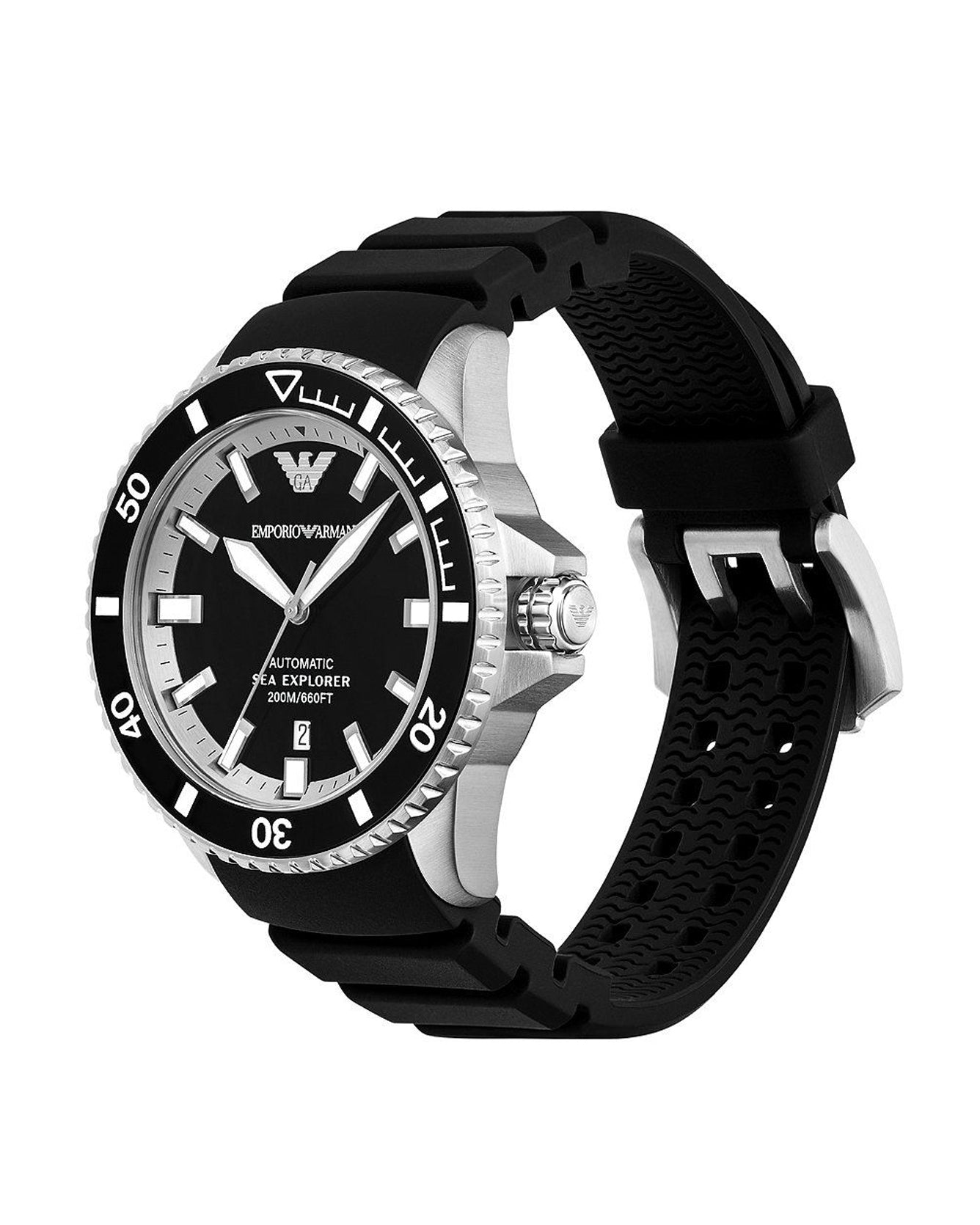 Black Emporio Armani watch with a detailed face on a white background