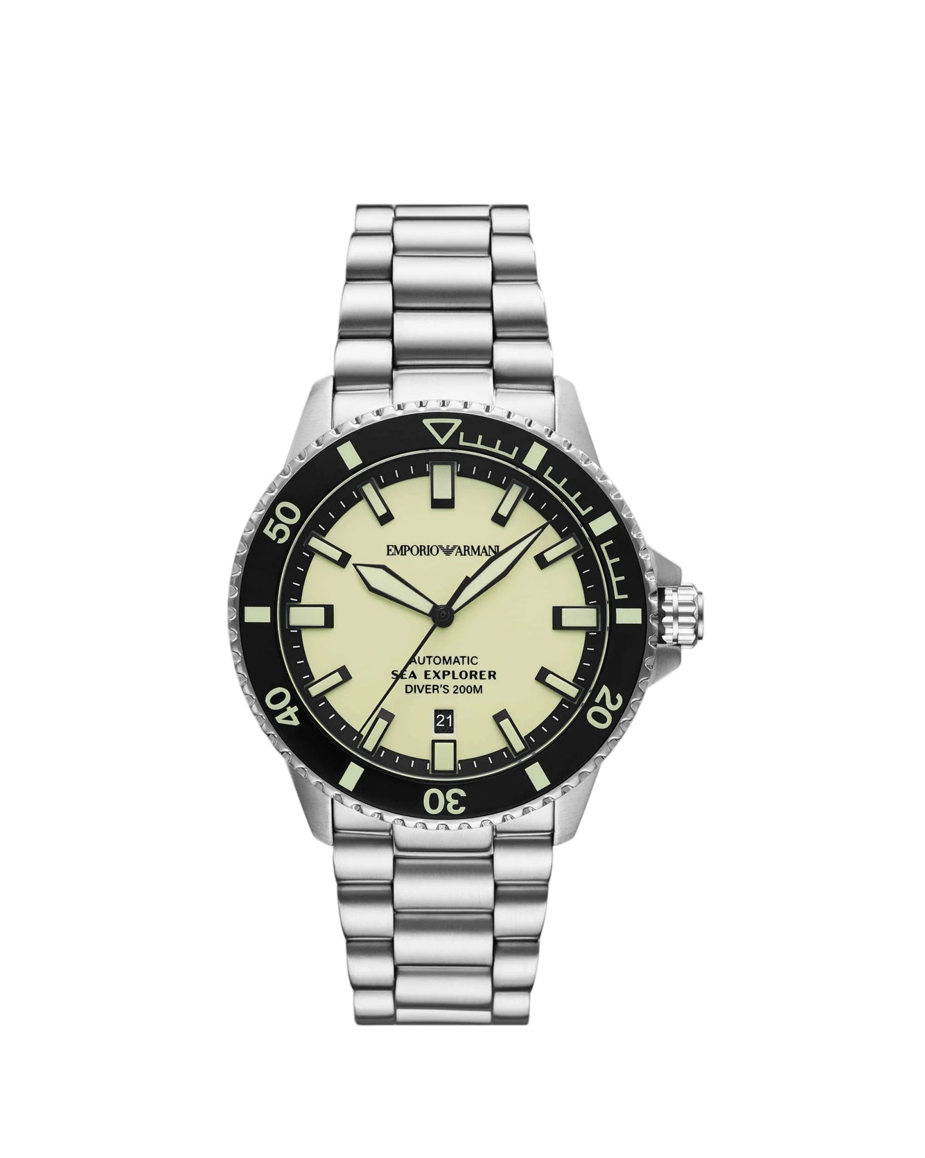 Silver watch with a black and green face on a white background