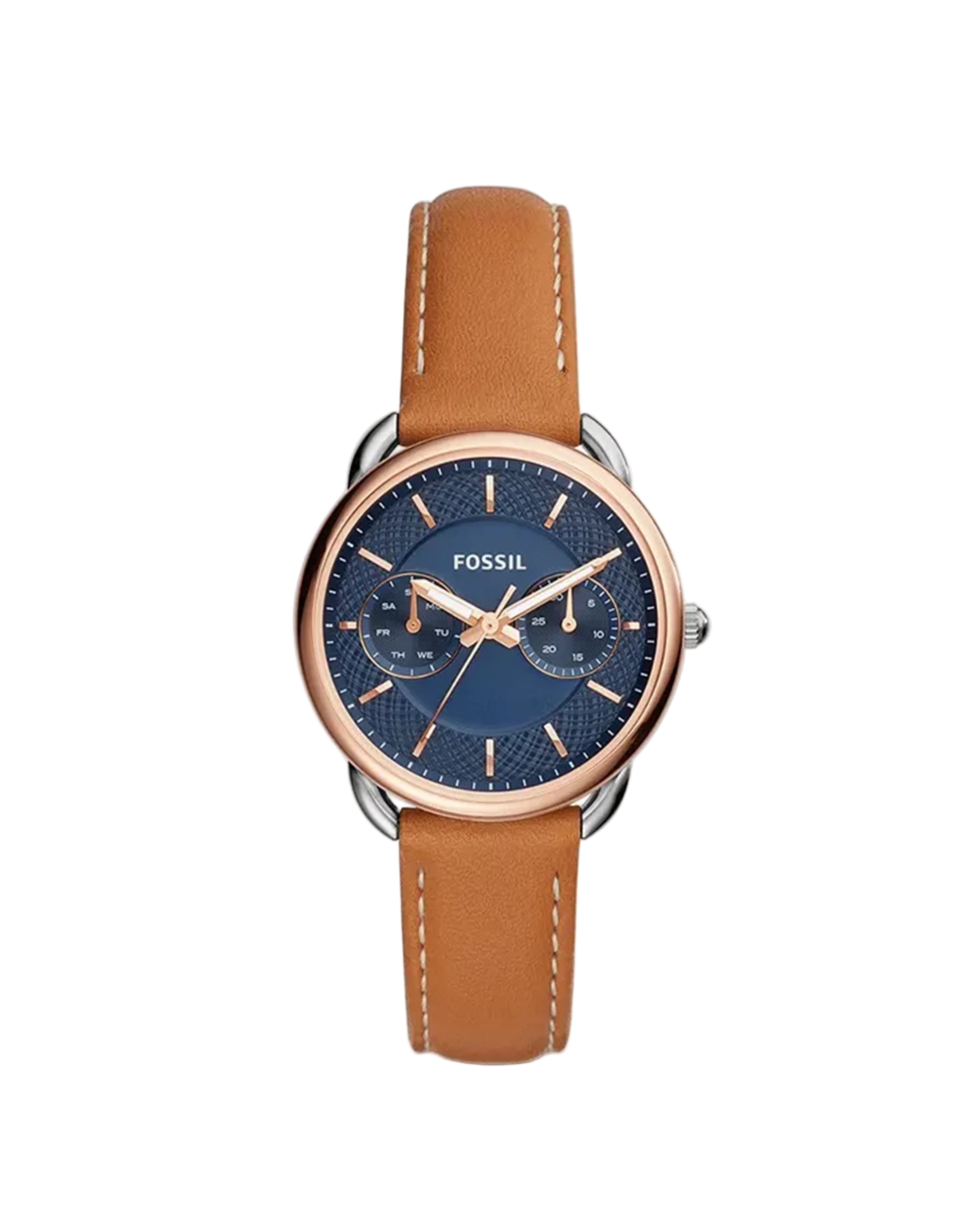 Fossil watch with brown leather strap and blue dial on a white background