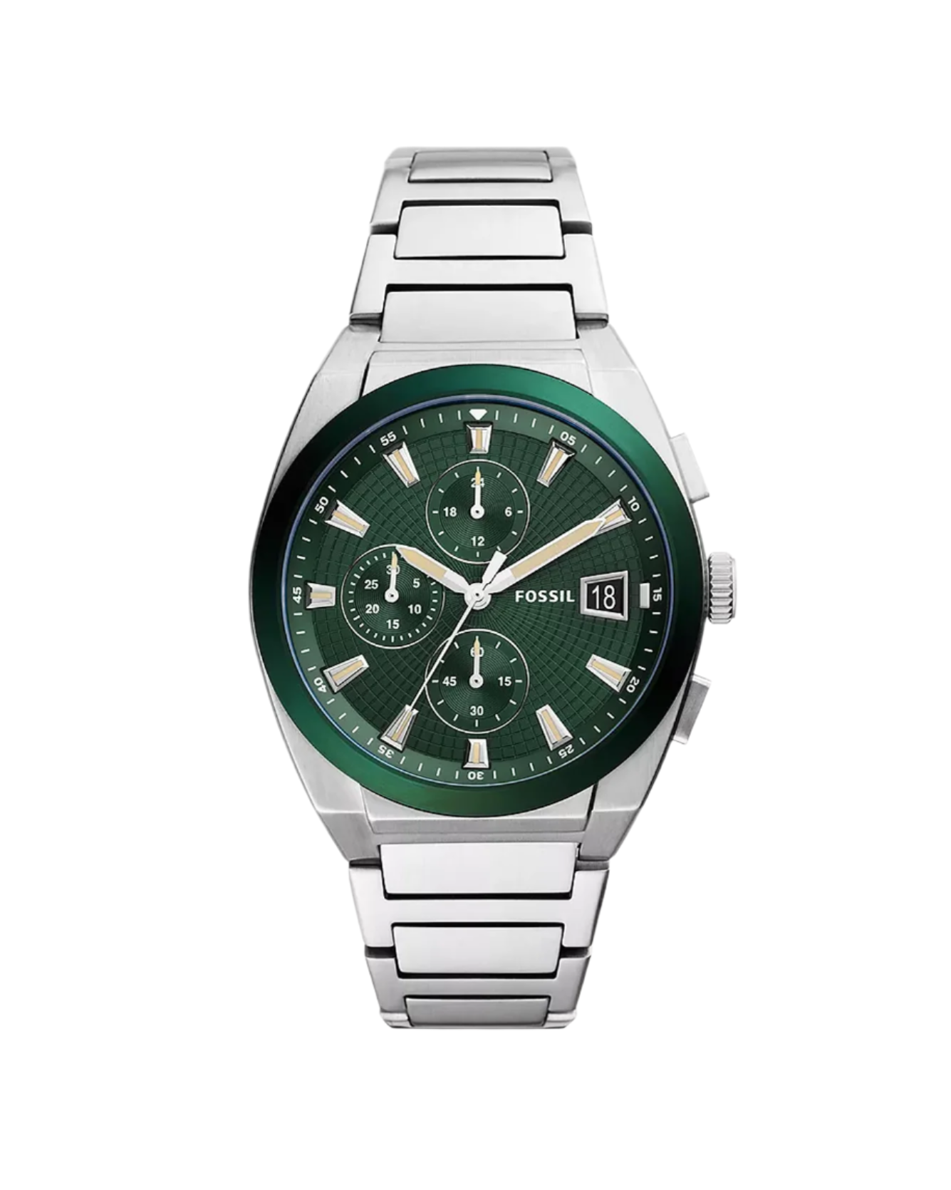 Fossil watch with green face and silver metal strap on white background