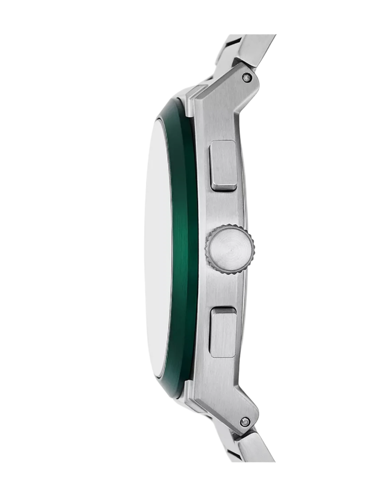 Close-up of a watch with a green bezel and silver case on a white background