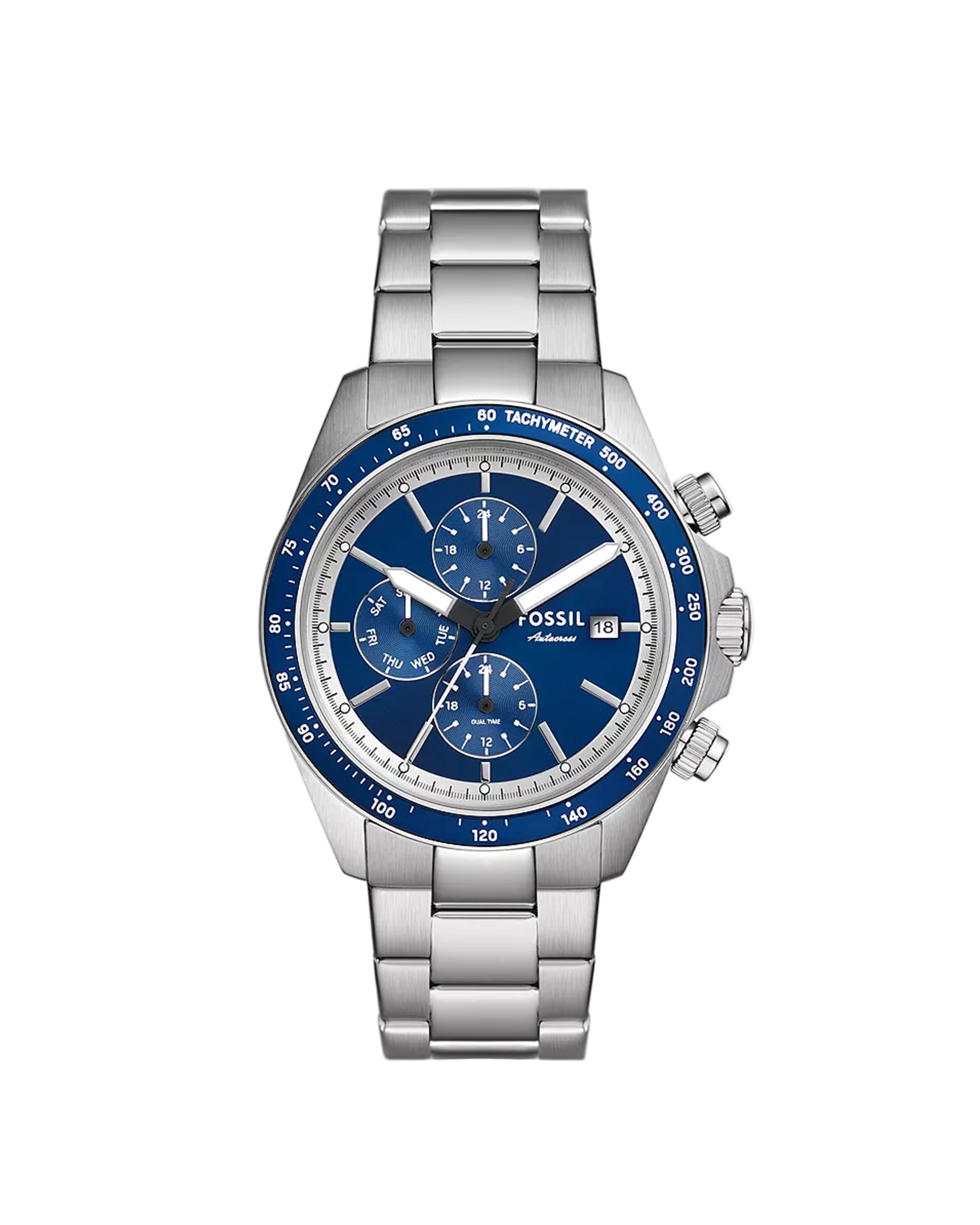 Fossil watch with blue dial and silver bracelet on a white background