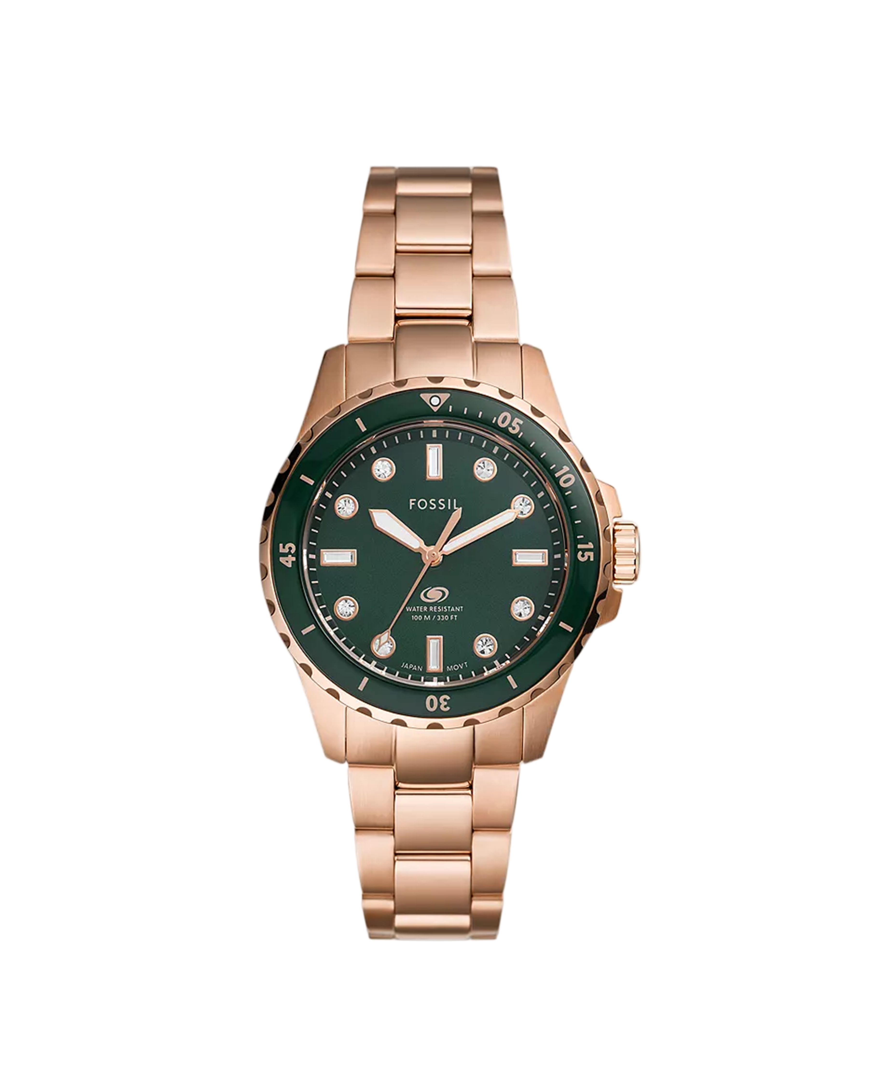 Fossil watch with green dial and rose gold bracelet on a white background
