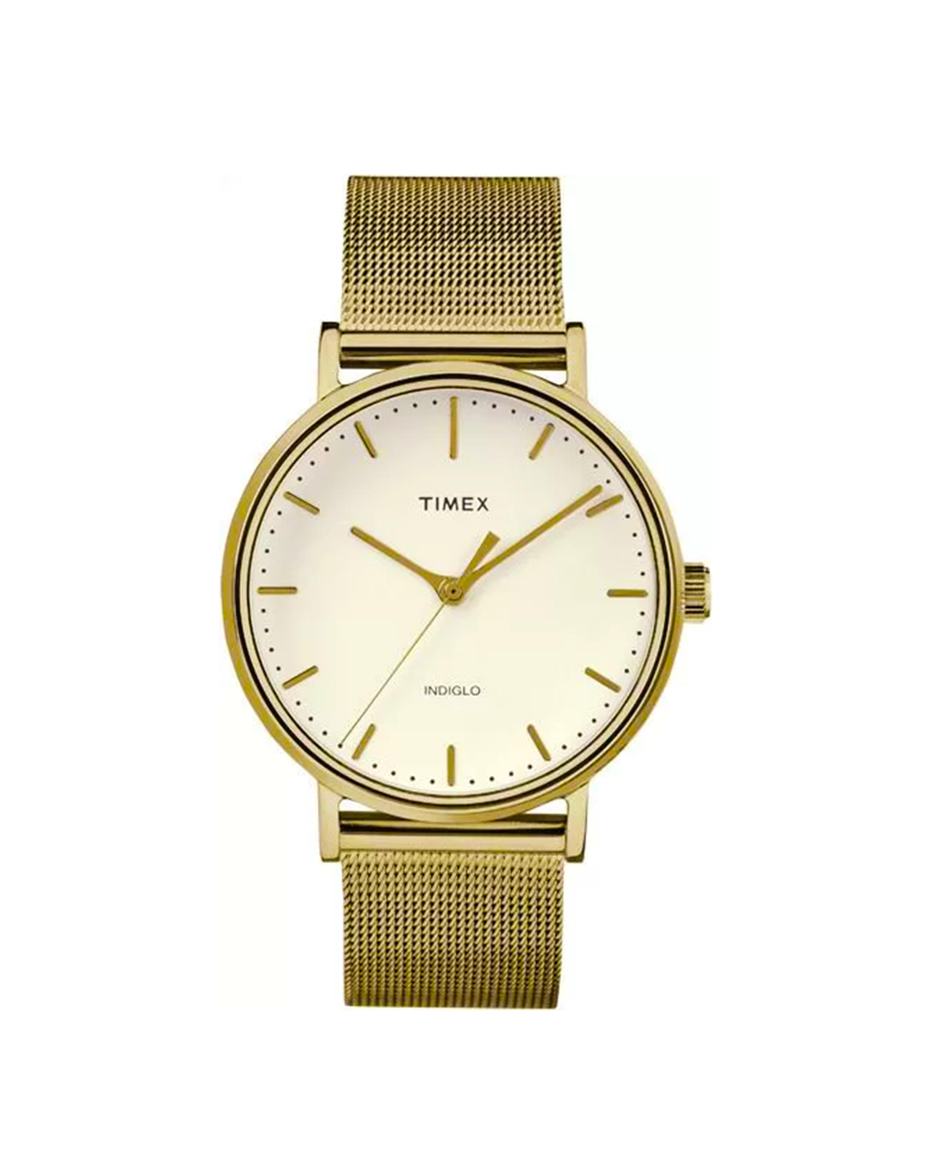 Gold Timex watch with mesh band on a white background