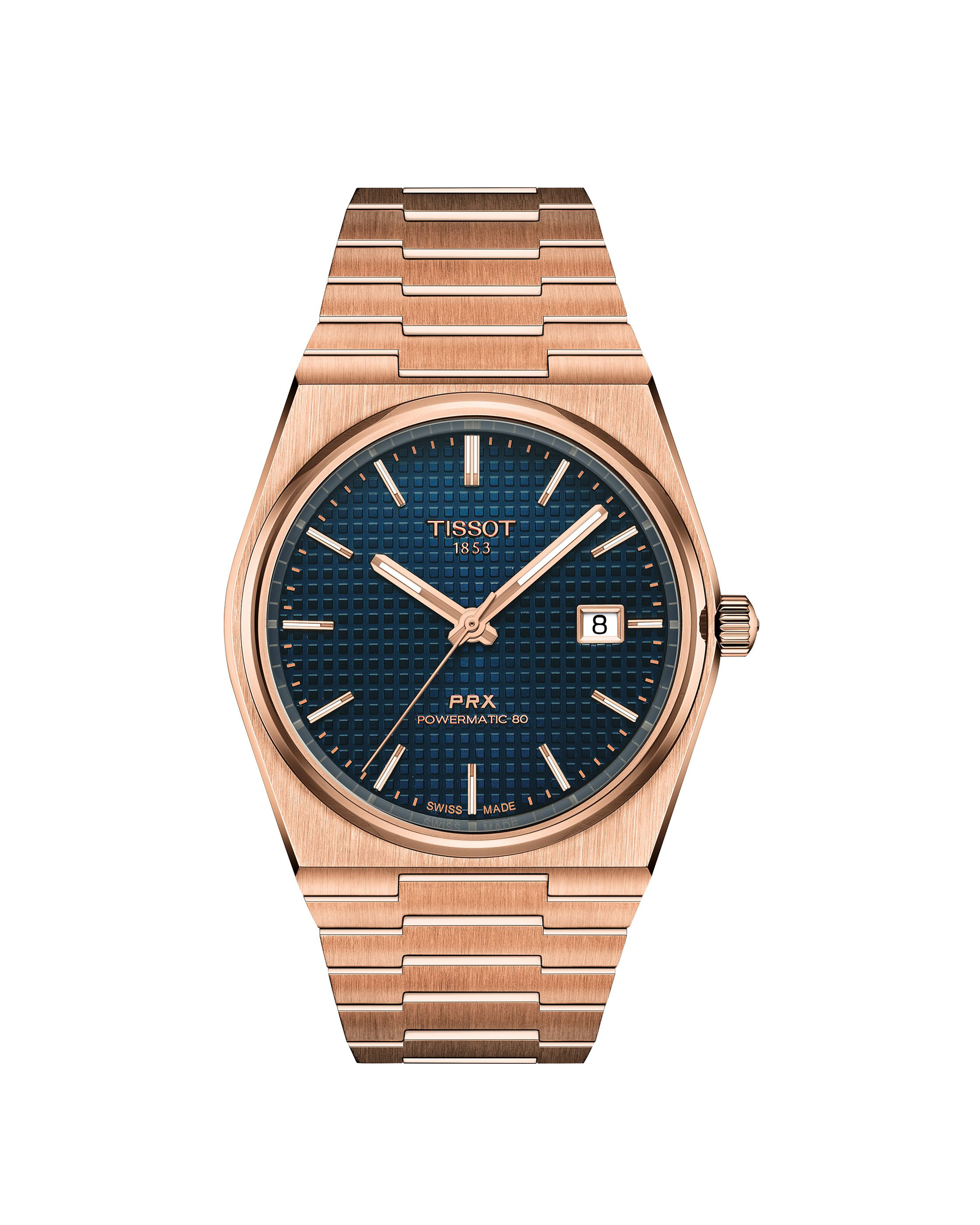 Rose gold Tissot watch with blue dial on a white background