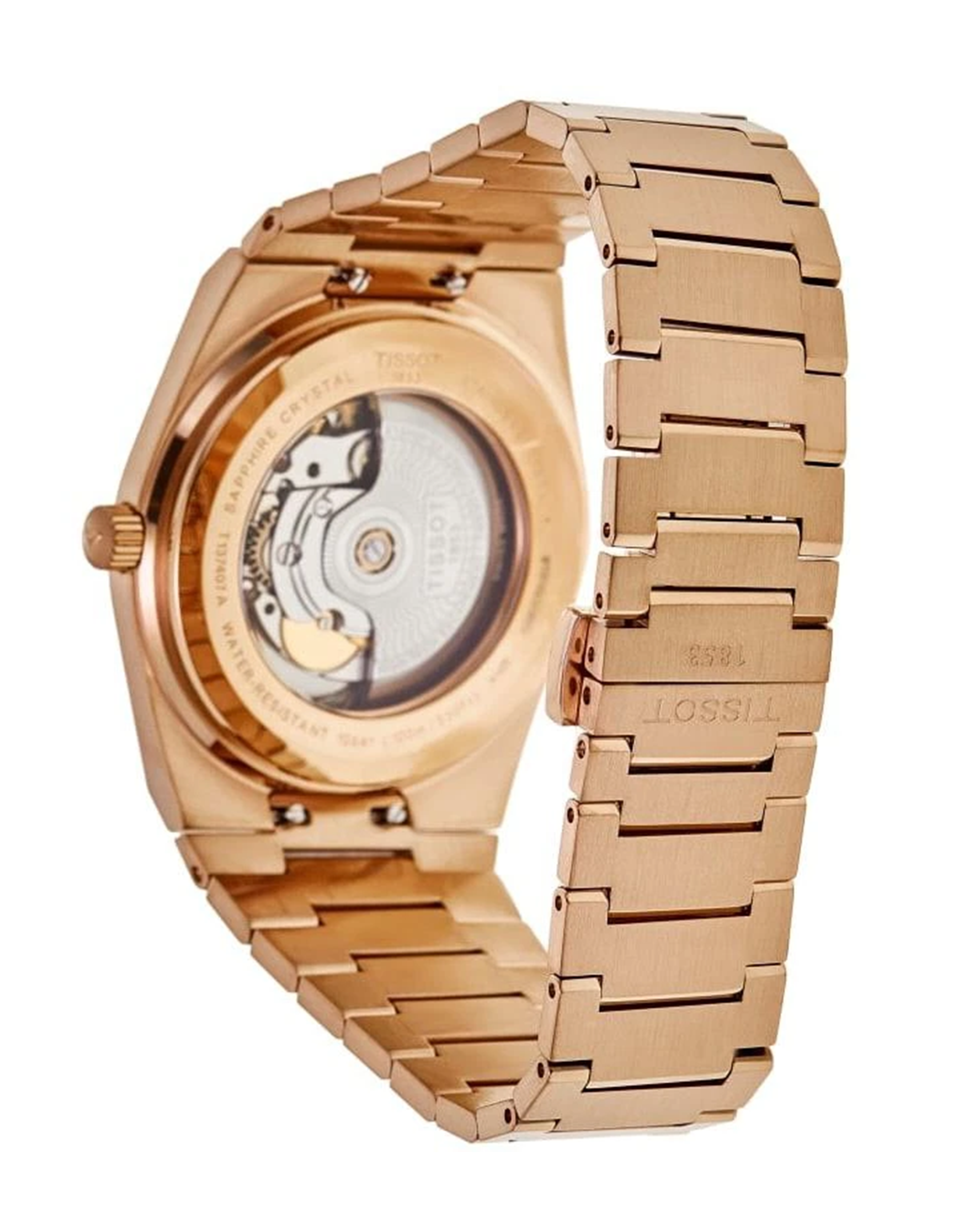 Rose gold watch with a visible brand logo on a white background
