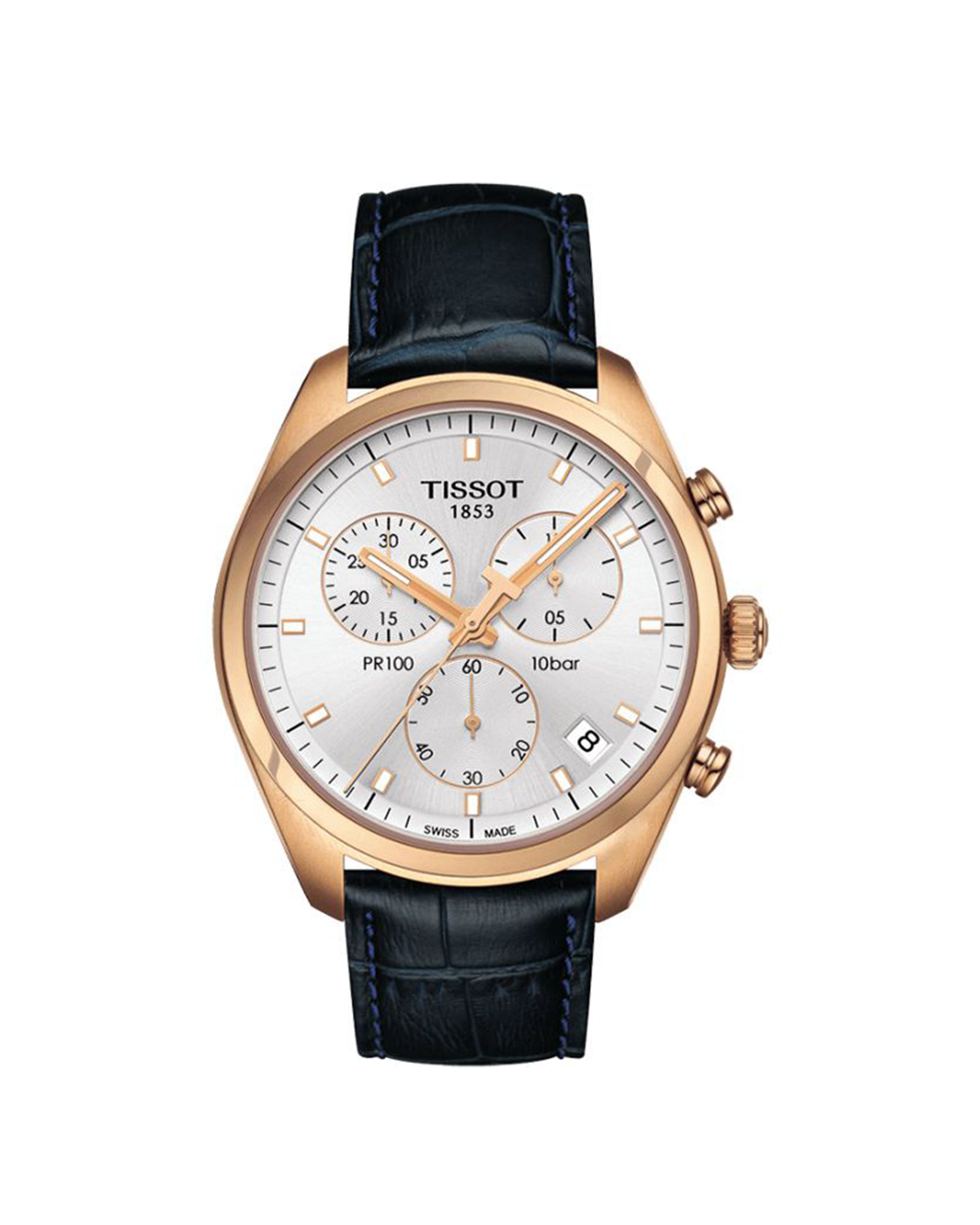 Tissot watch with dark blue leather strap and rose gold case on white background