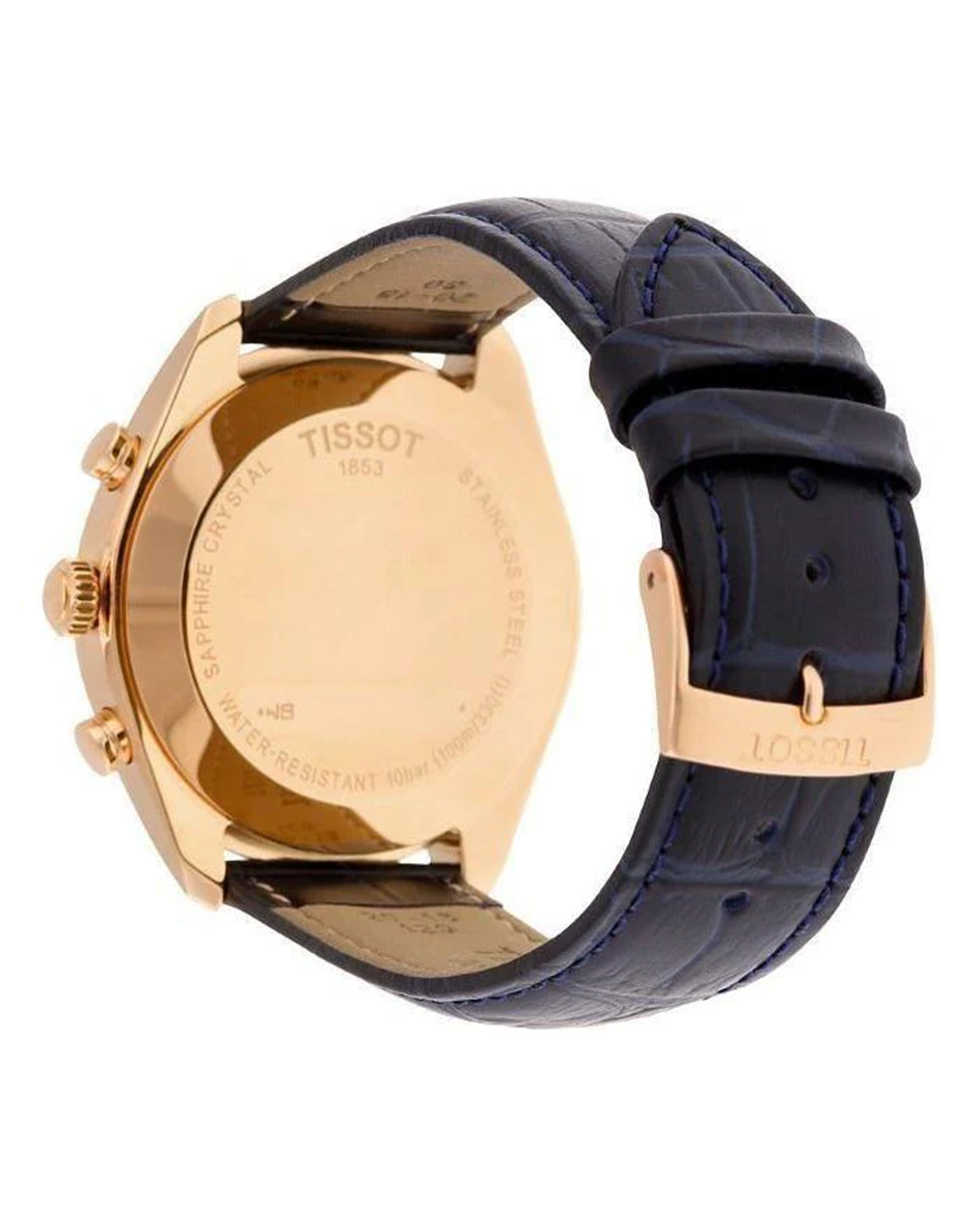 Tissot watch with gold case and dark blue leather strap on a white background