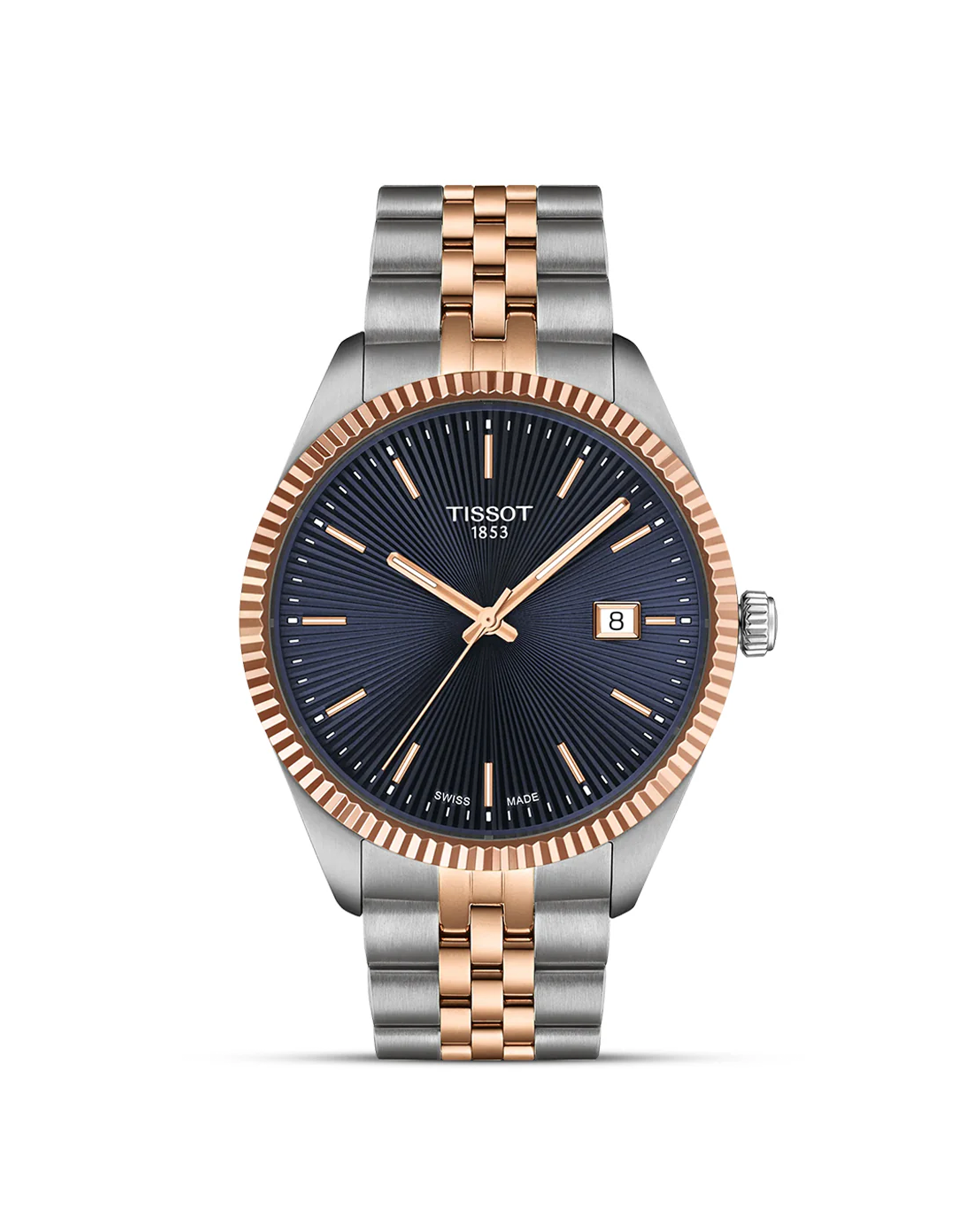 Two-tone Tissot watch with rose gold and silver band on white background