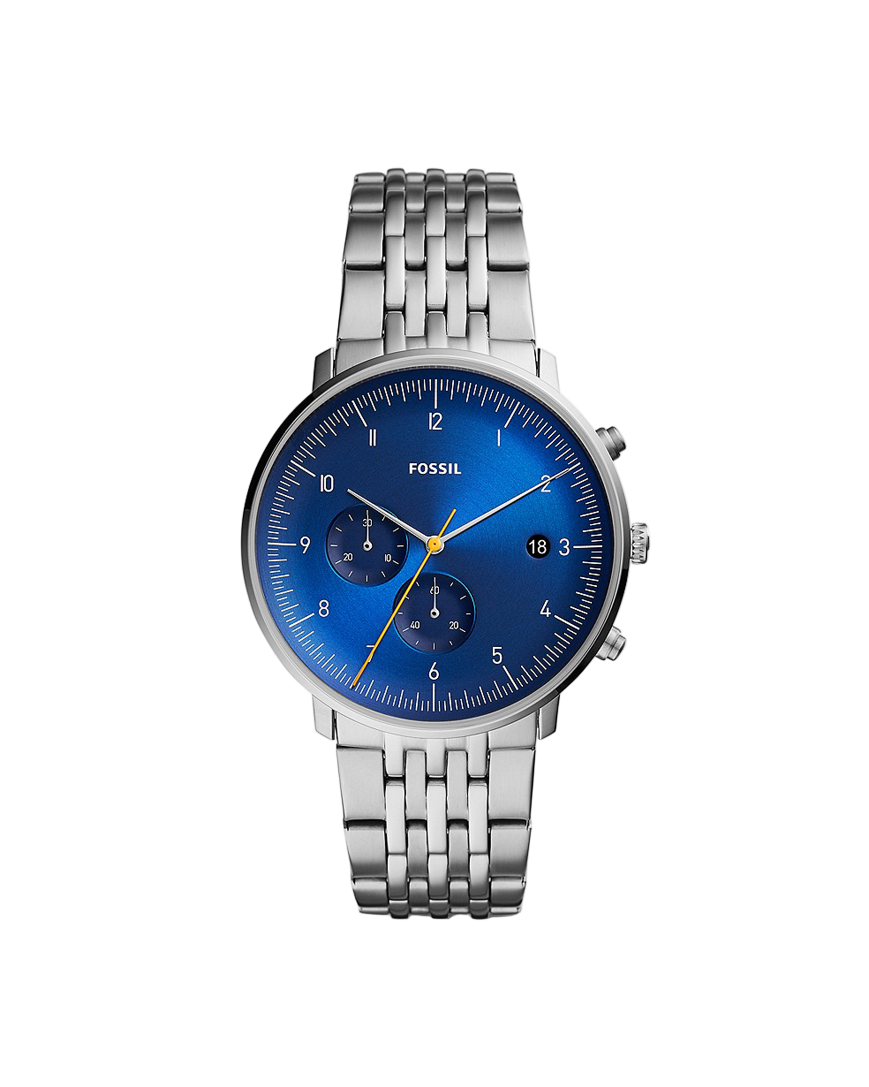 A stainless steel Fossil chronograph watch with a blue dial and silver bracelet.