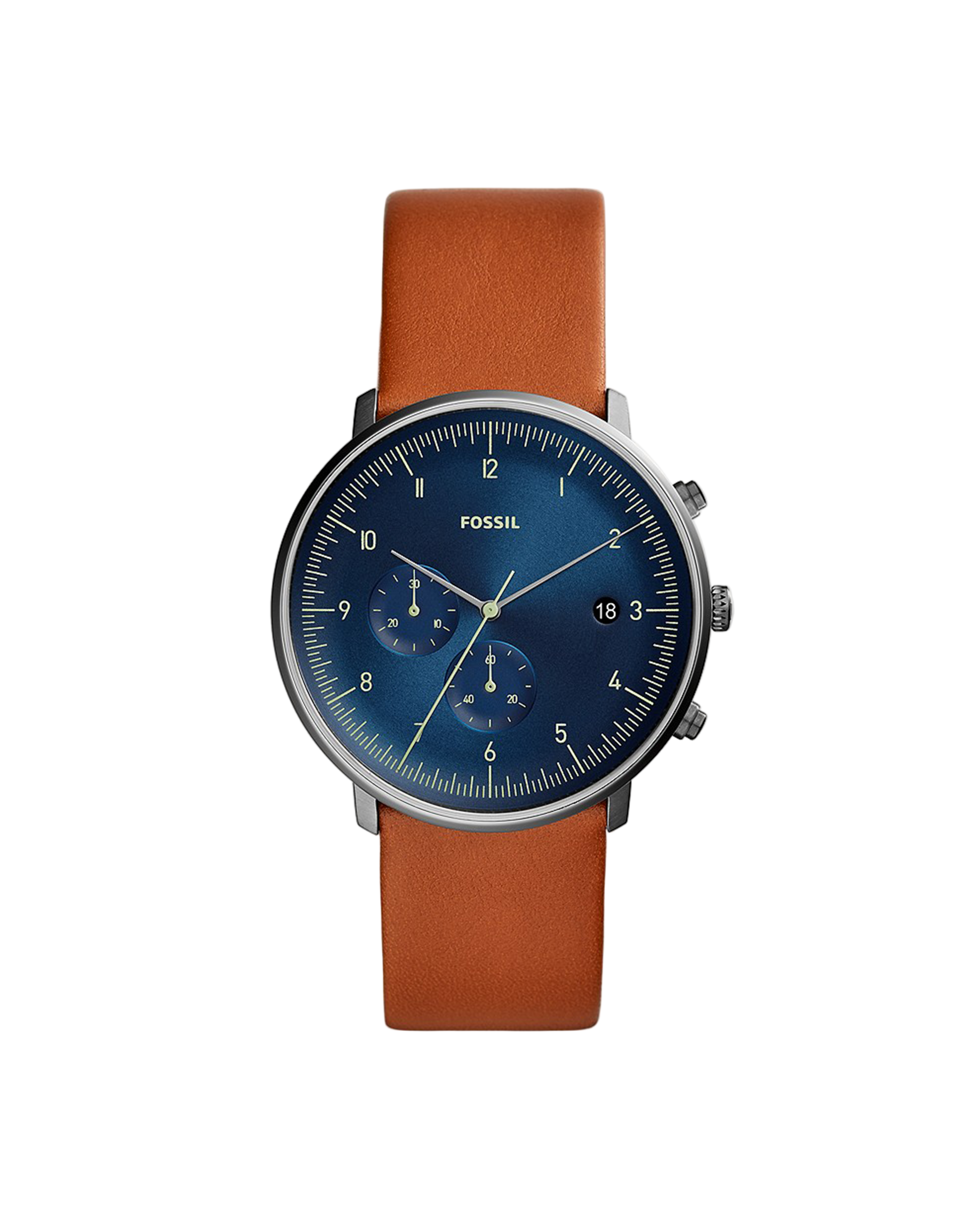 A Fossil branded watch with a blue dial, brown leather band, and silver case.
