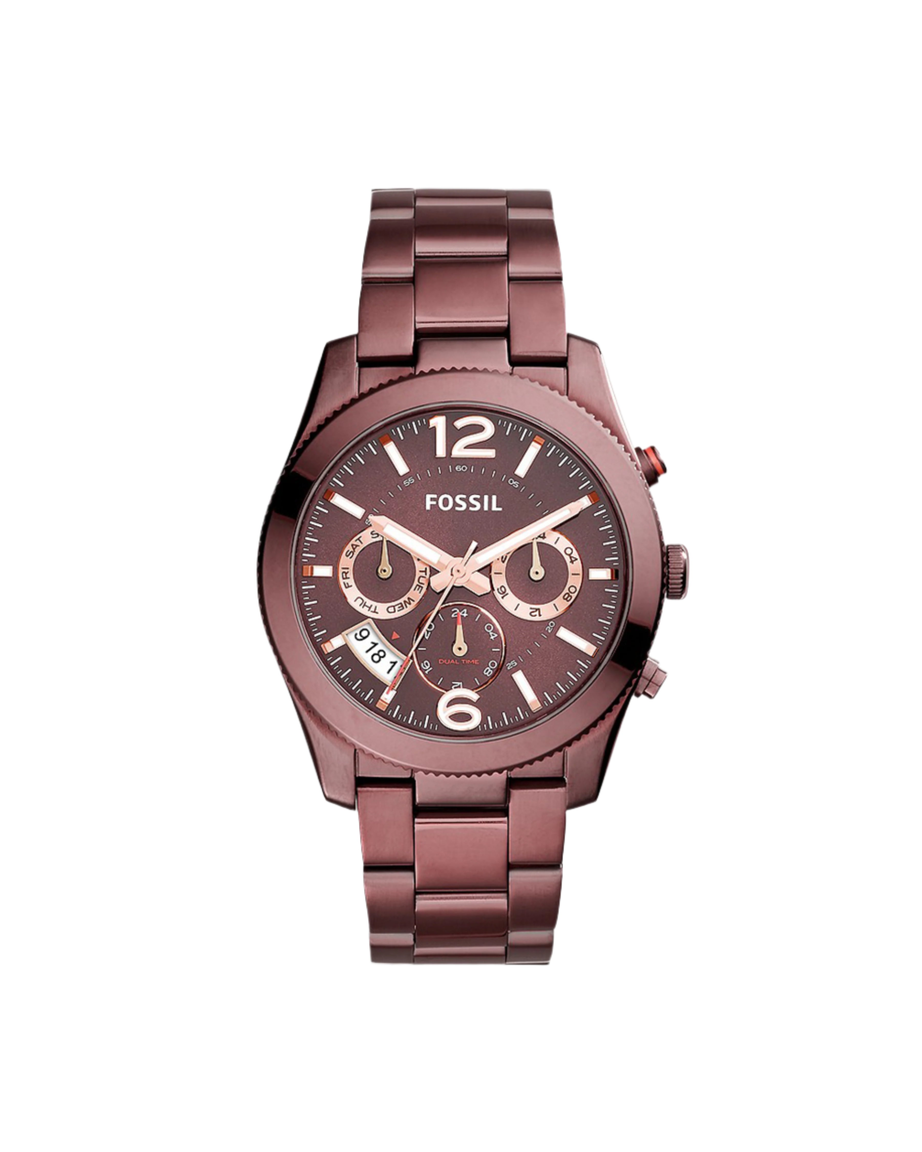 A Fossil brand watch with a brown band and dial, featuring a stainless steel case and a hardlex crystal glass cover.