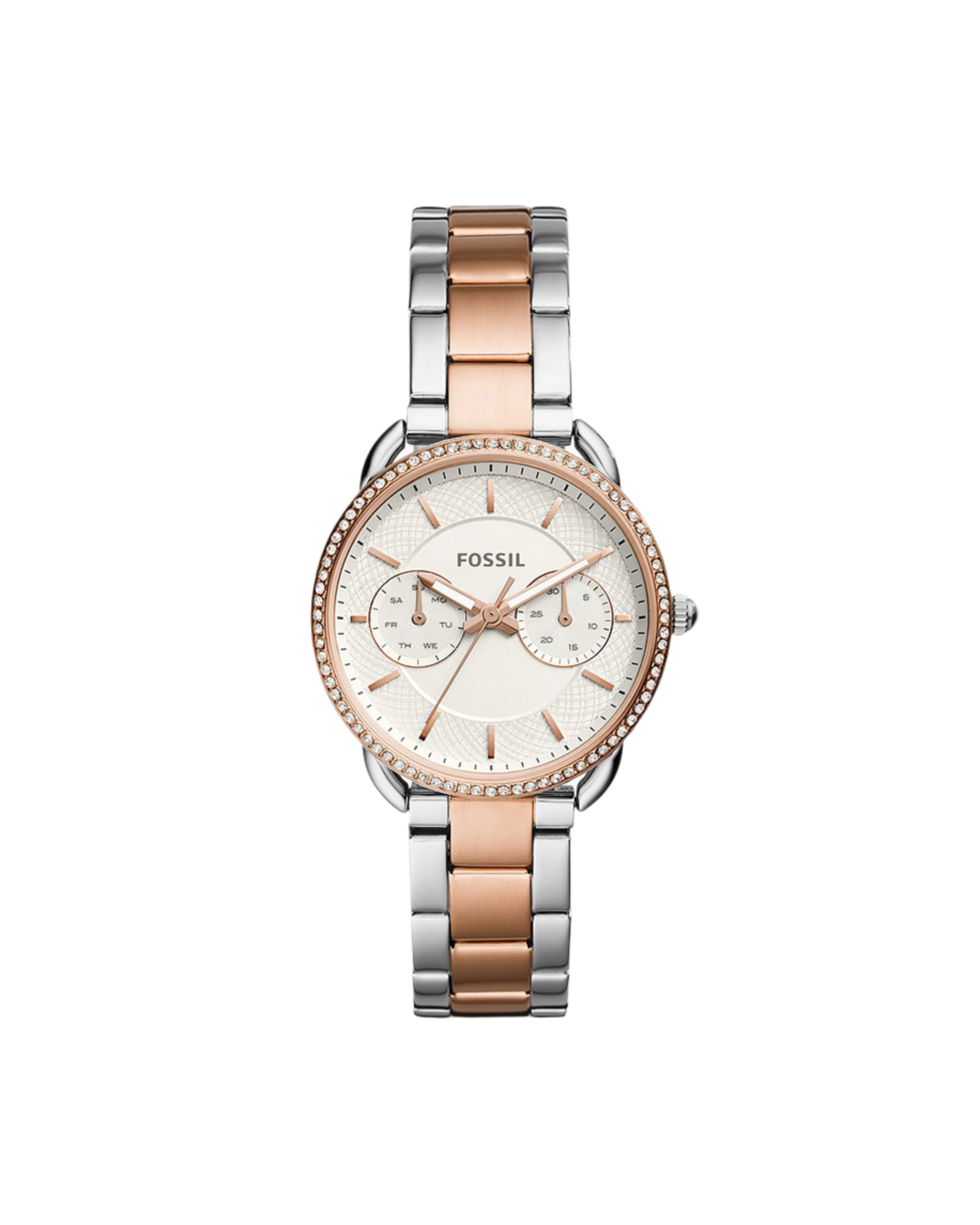 A two-tone stainless steel Fossil watch with a silver and rose gold color scheme, featuring a white dial with rose gold hands and markers, and a bracelet strap.