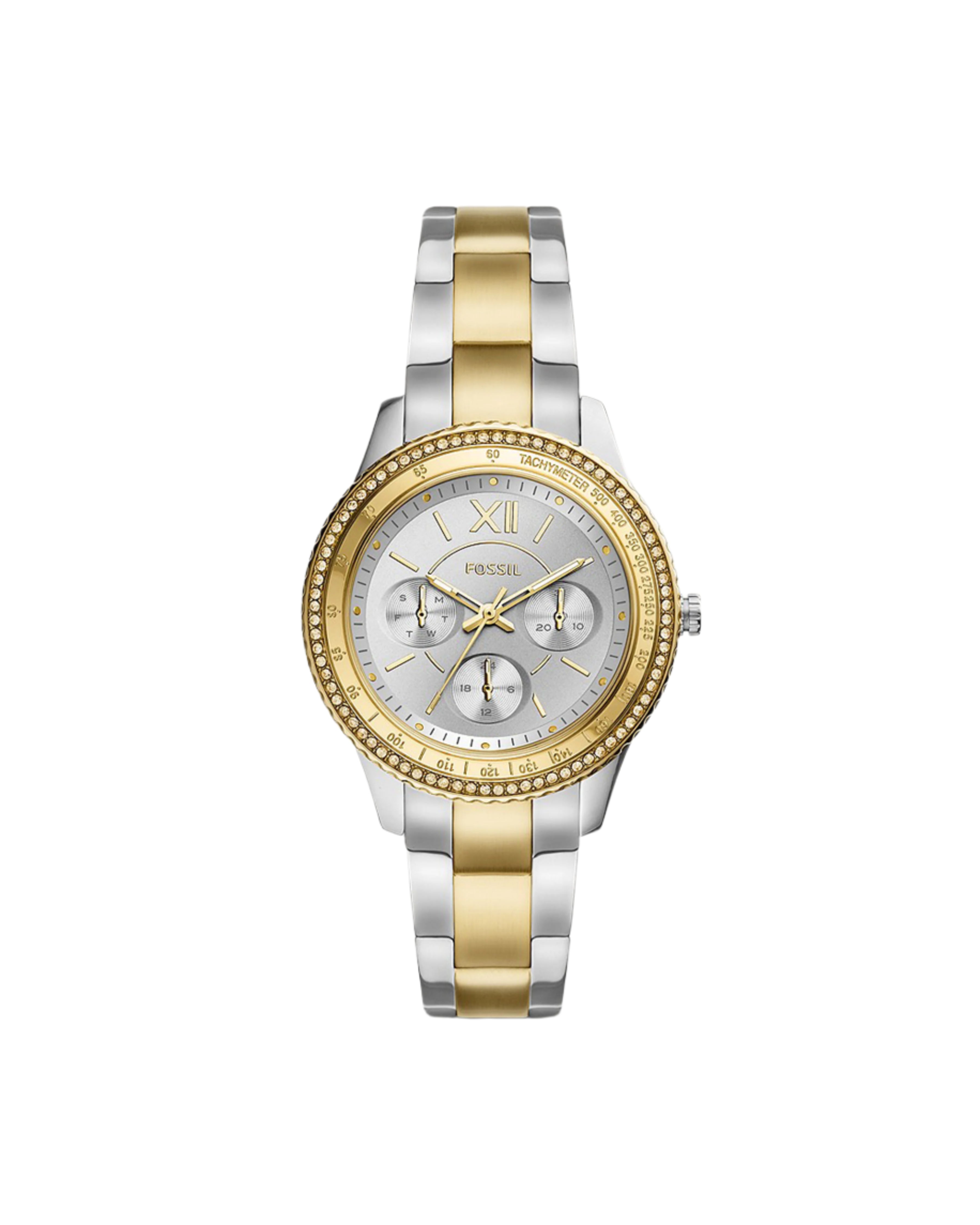 A women's watch with a silver dial, gold case, and a two-tone silver and rose gold strap.