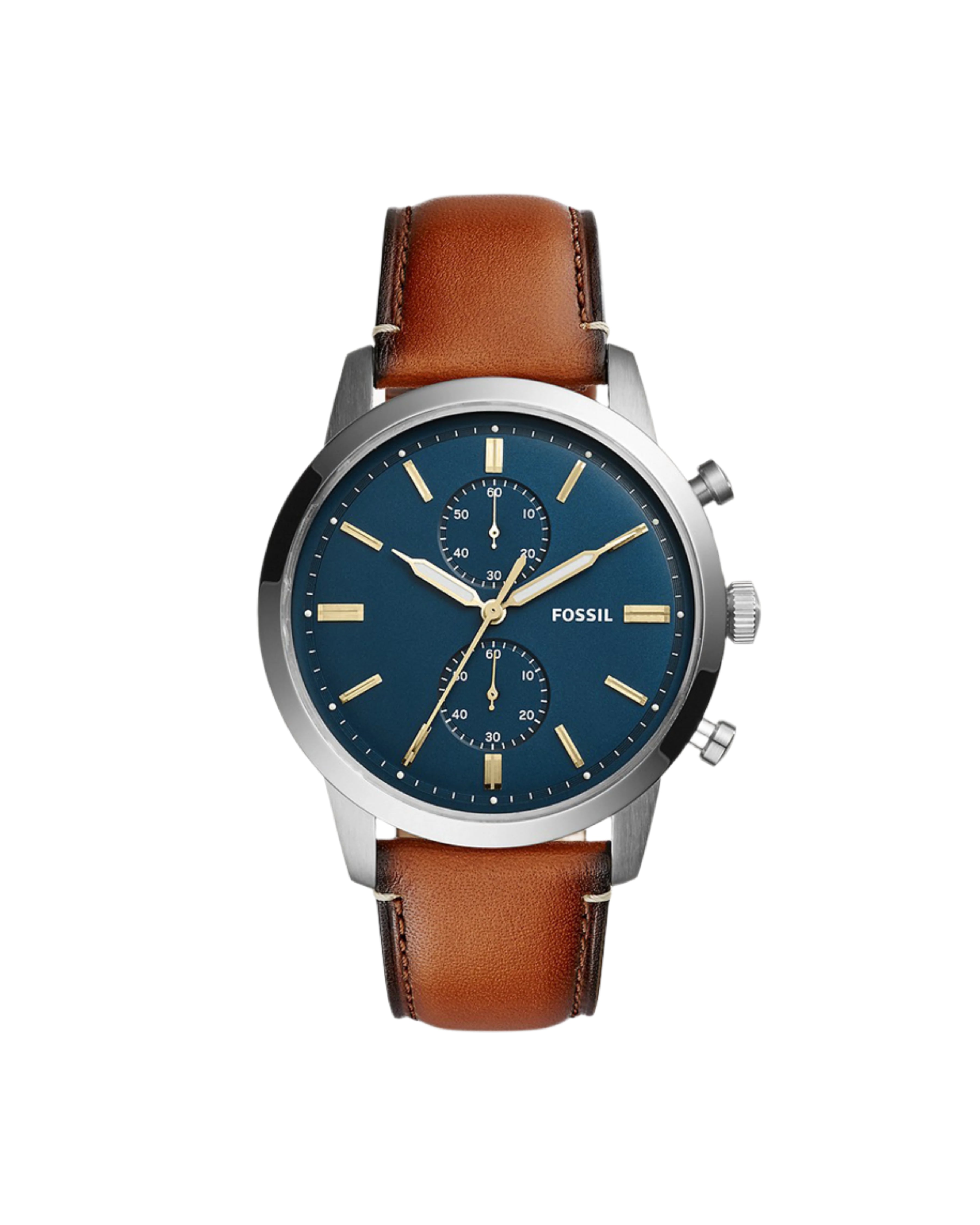 A Fossil Townsman men's watch with a stainless steel case, blue dial, and brown leather strap.
