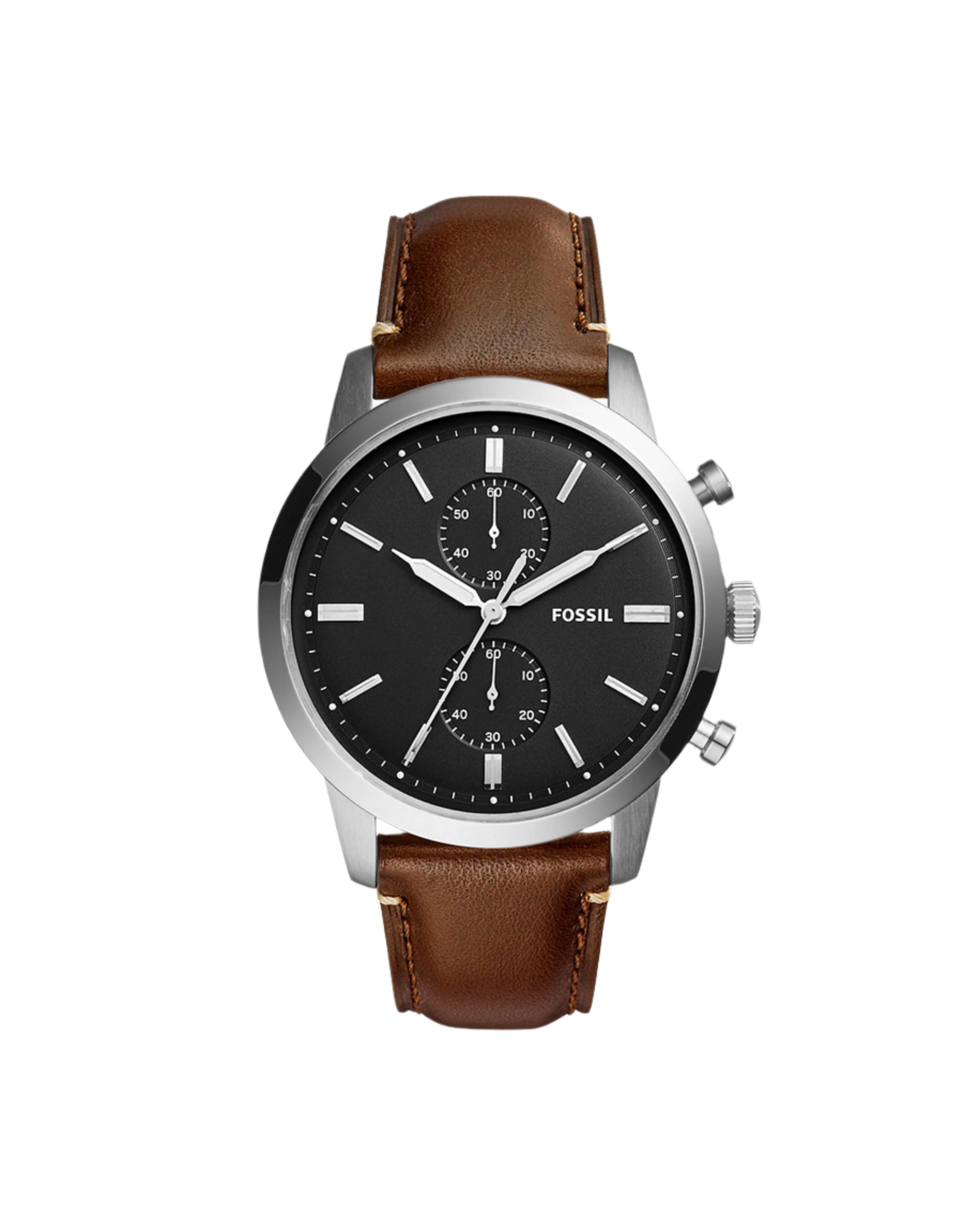 A Fossil Townsman men's watch with a black dial, brown leather strap, and stainless steel case.