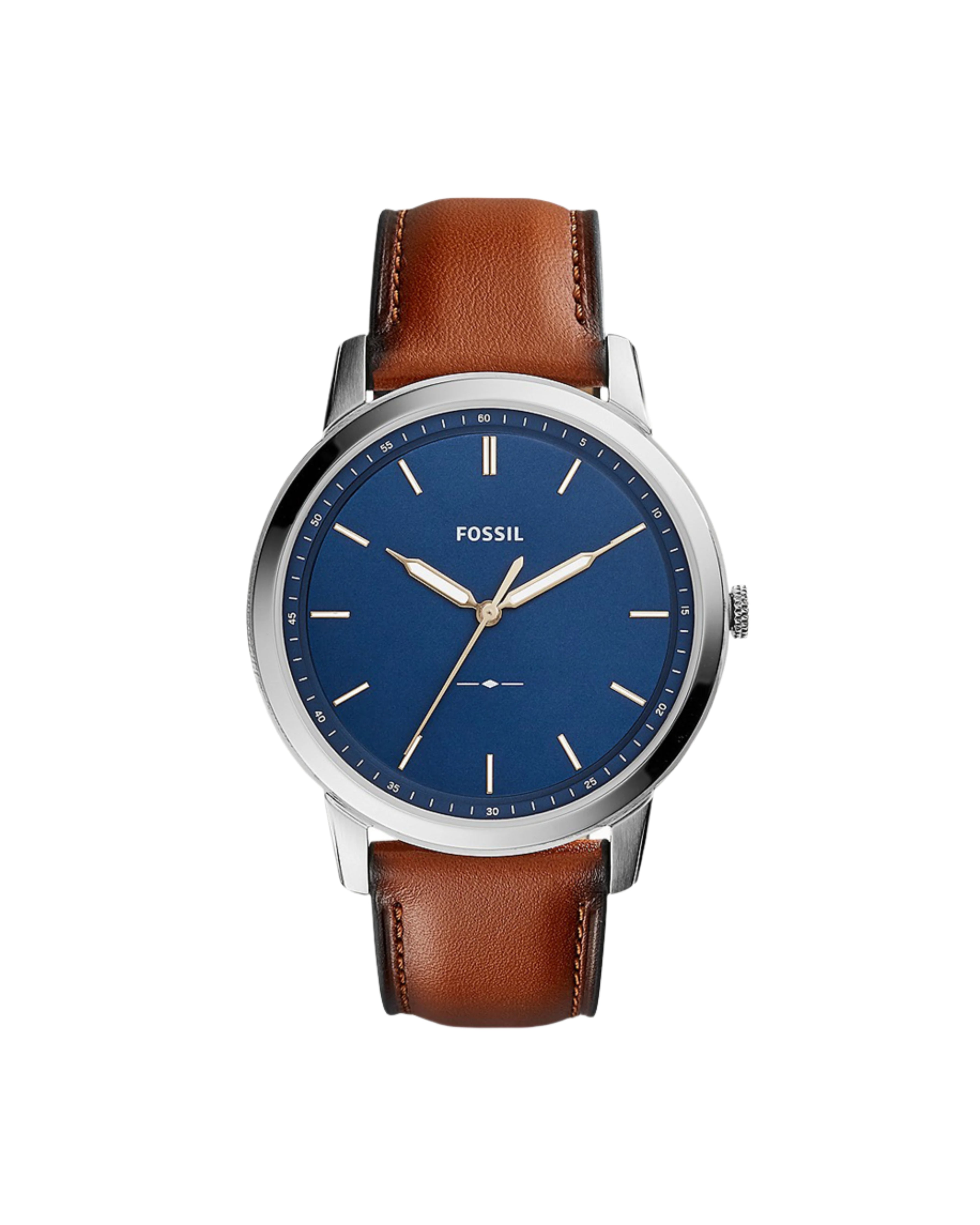 A Fossil brand men's watch with a blue dial, brown leather strap, and stainless steel case.