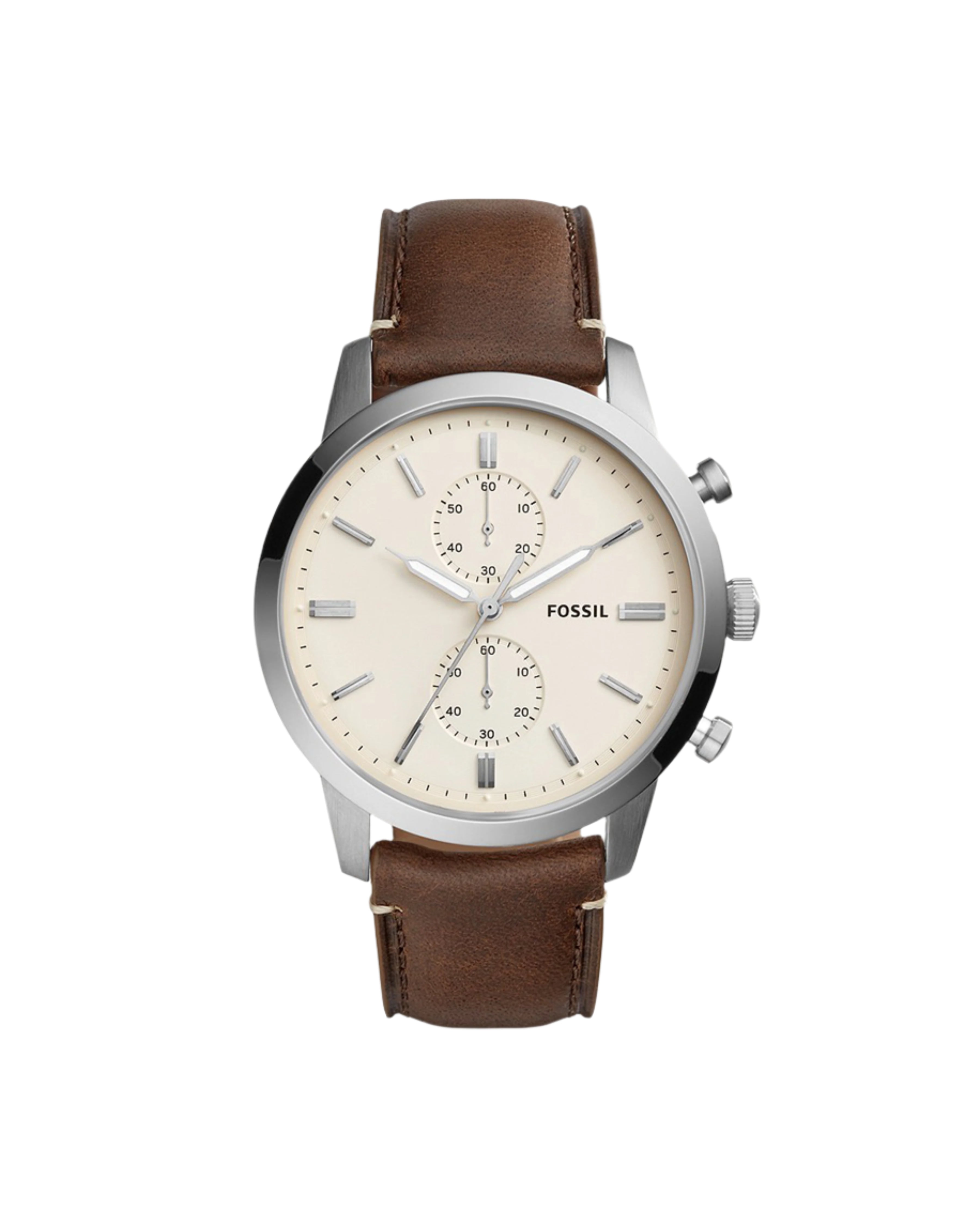 A Fossil Townsman FS5350 watch with a cream dial, stainless steel case, and a brown leather band.