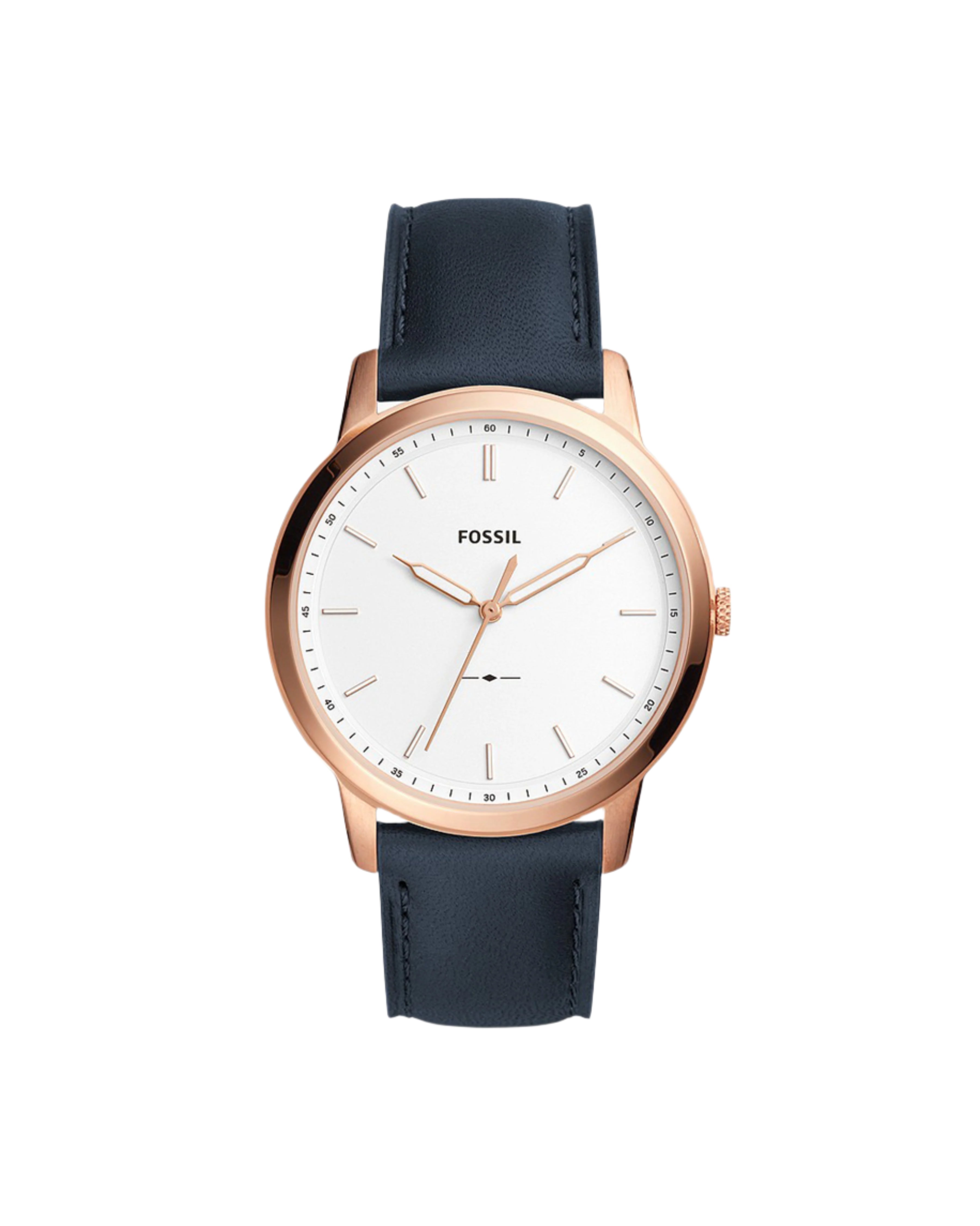A men's Fossil wristwatch with a white dial, stainless steel case, and calfskin band.