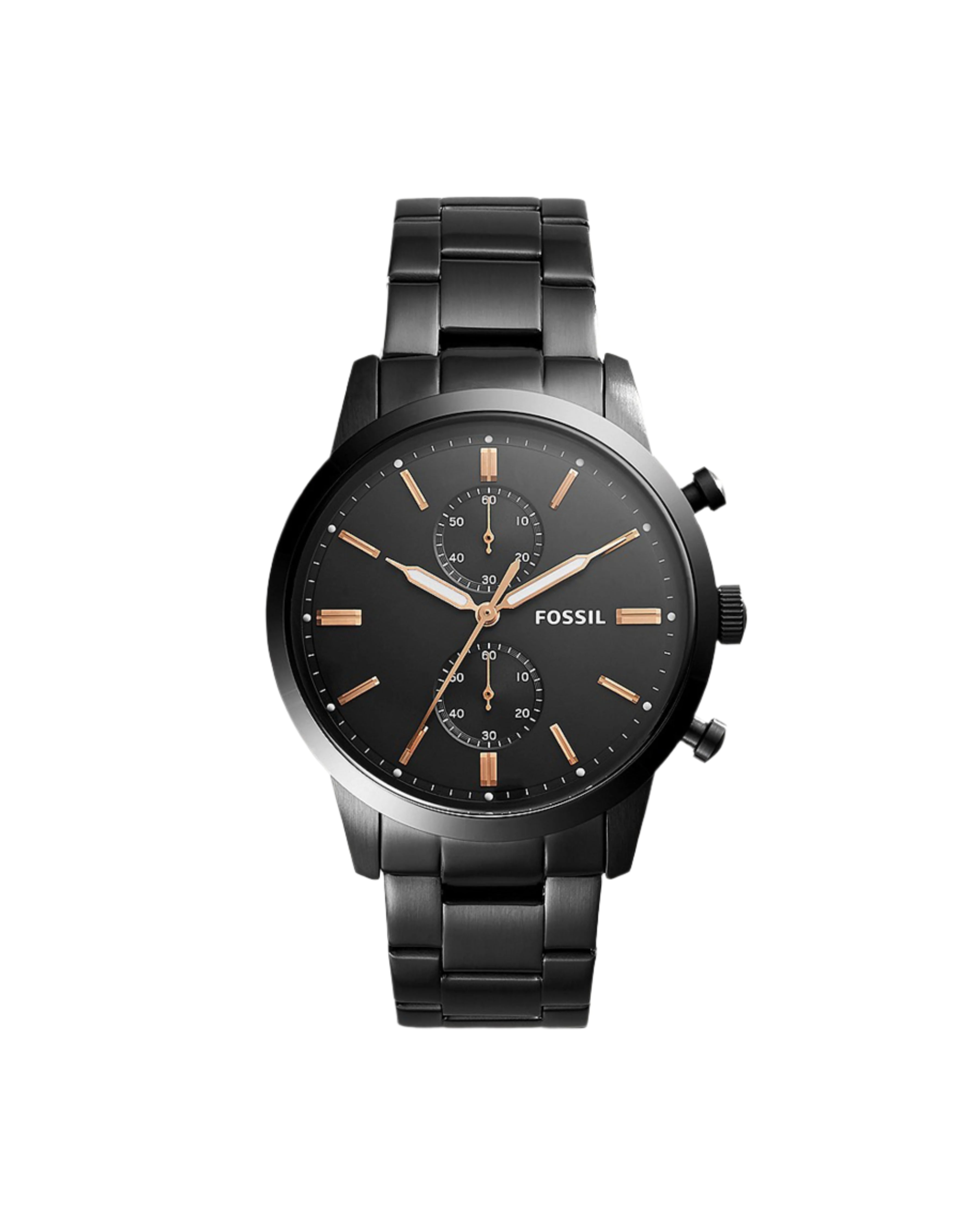 A black Fossil watch with a round dial, stainless steel band, and a date display.