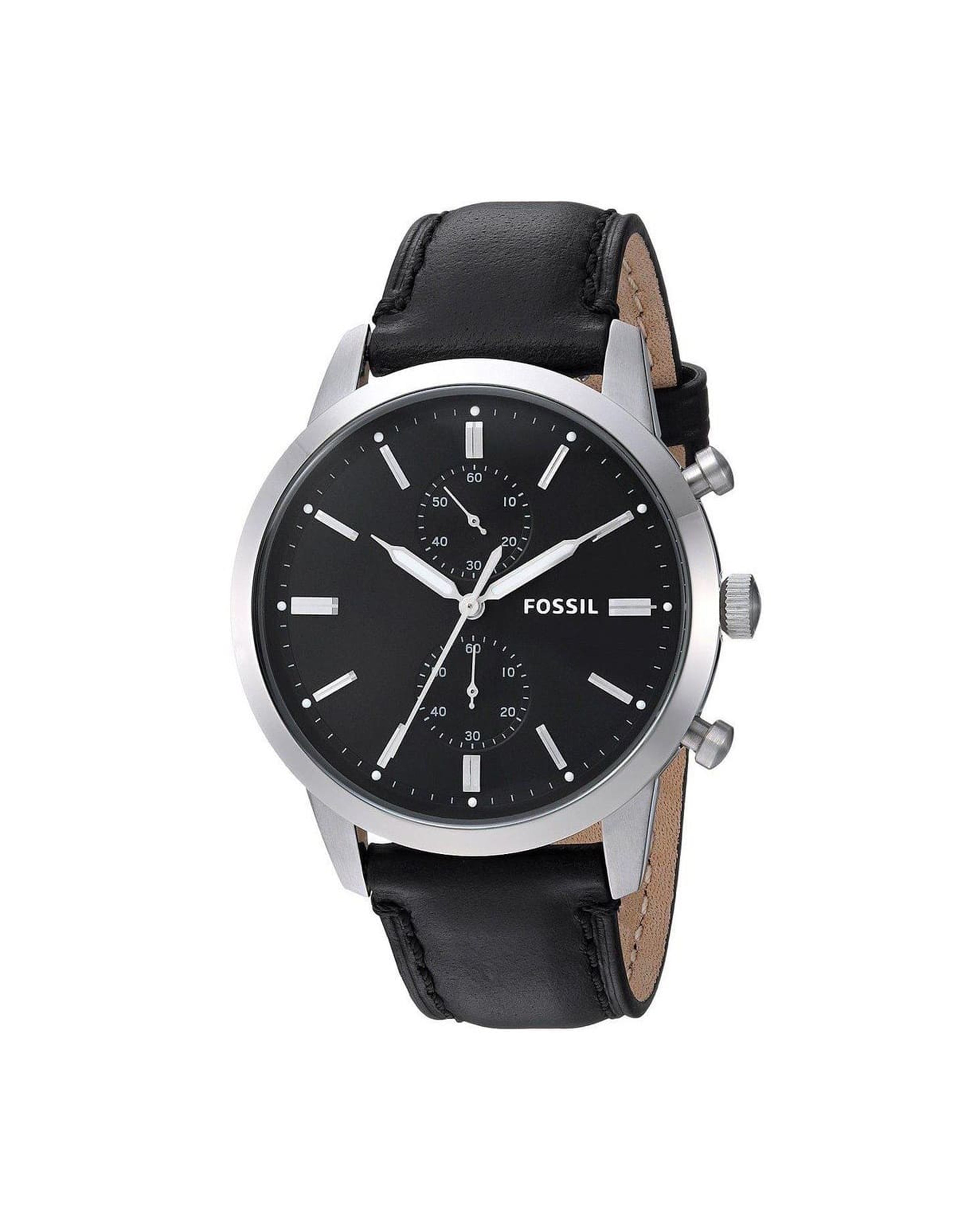 A Fossil Townsman Chronograph Black Leather Watch with a black dial, brown leather band, and silver case.
