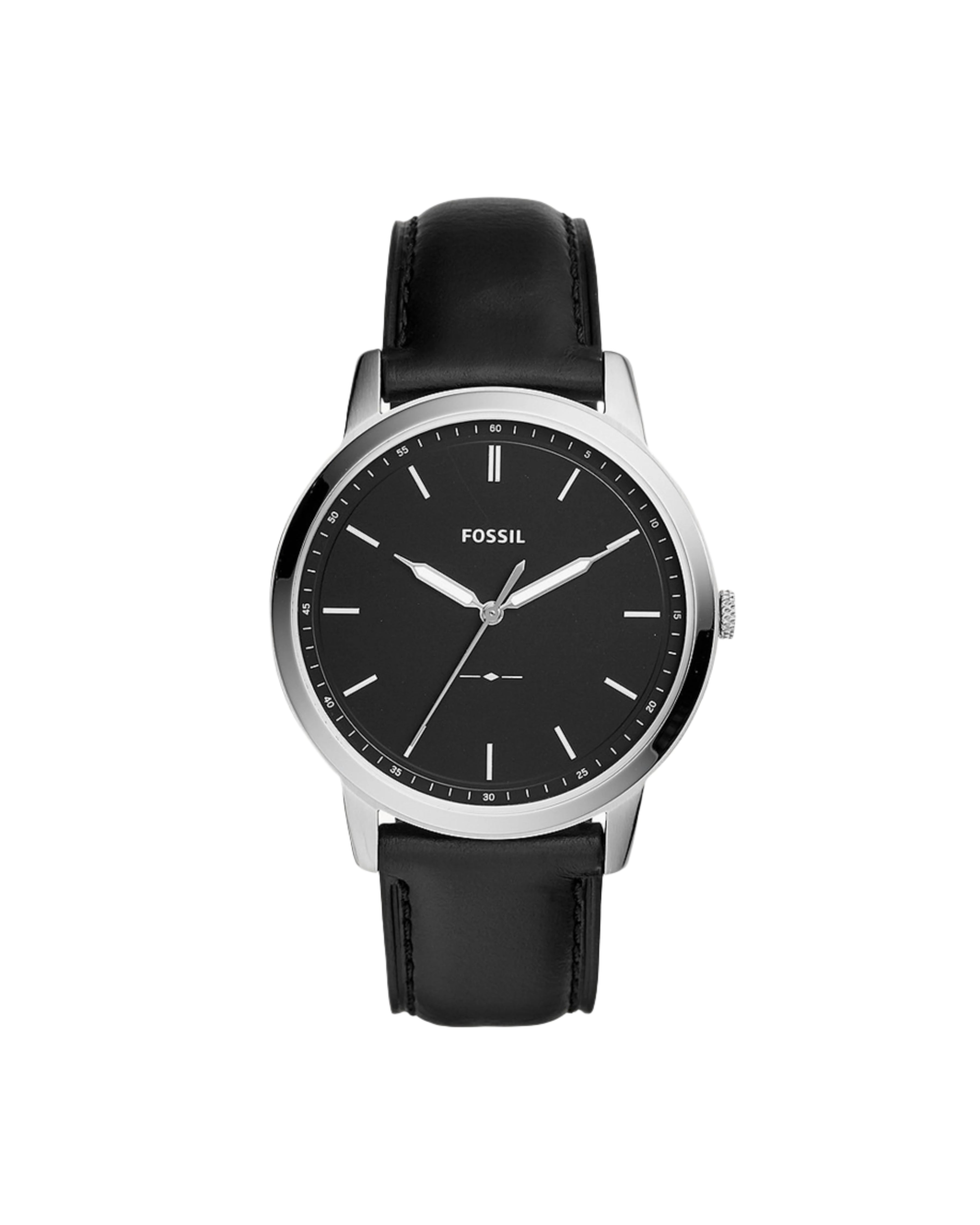 A black Fossil analog watch with a stainless steel case and a leather strap.