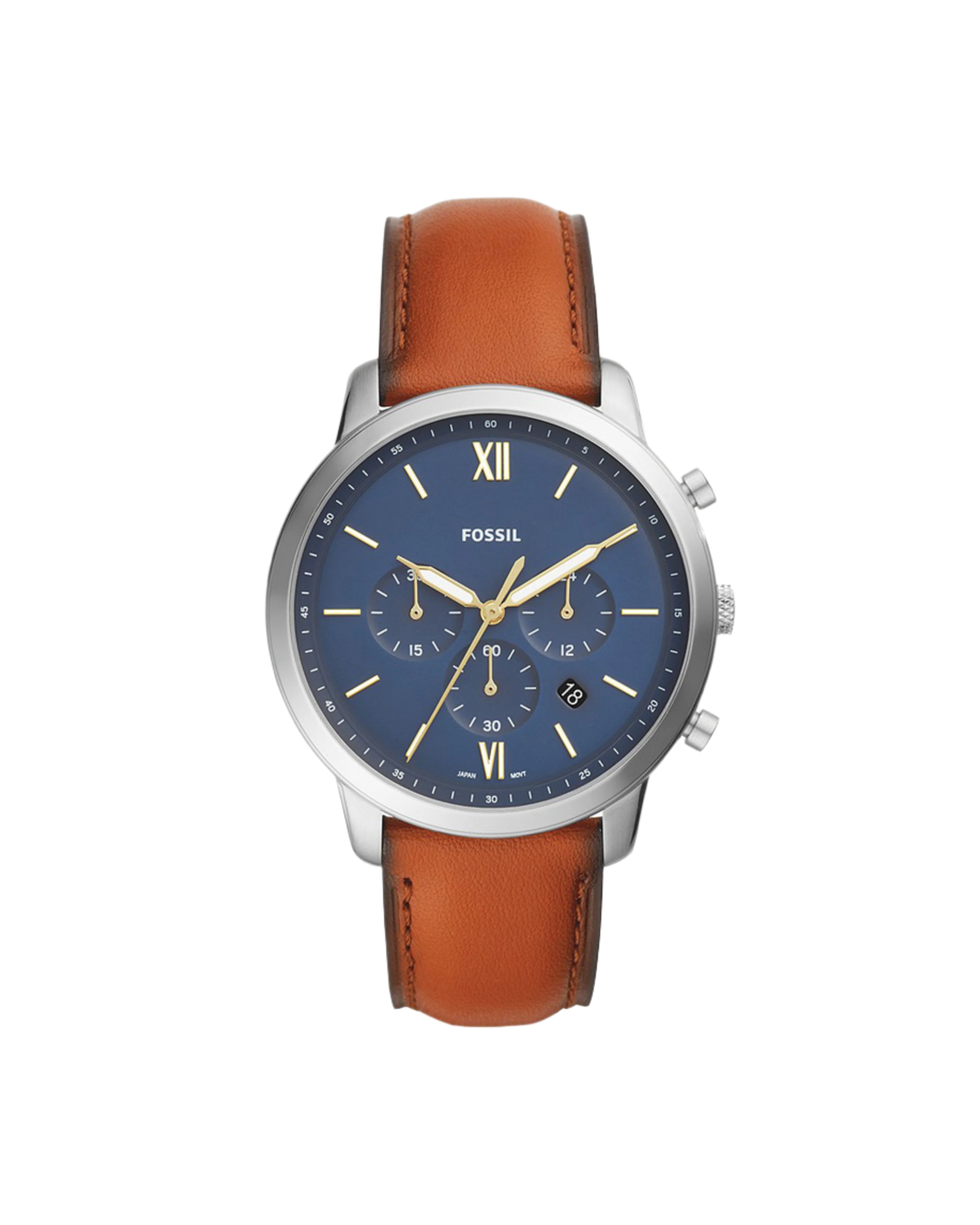 A Fossil brand watch with a blue dial, brown leather band, and silver case.