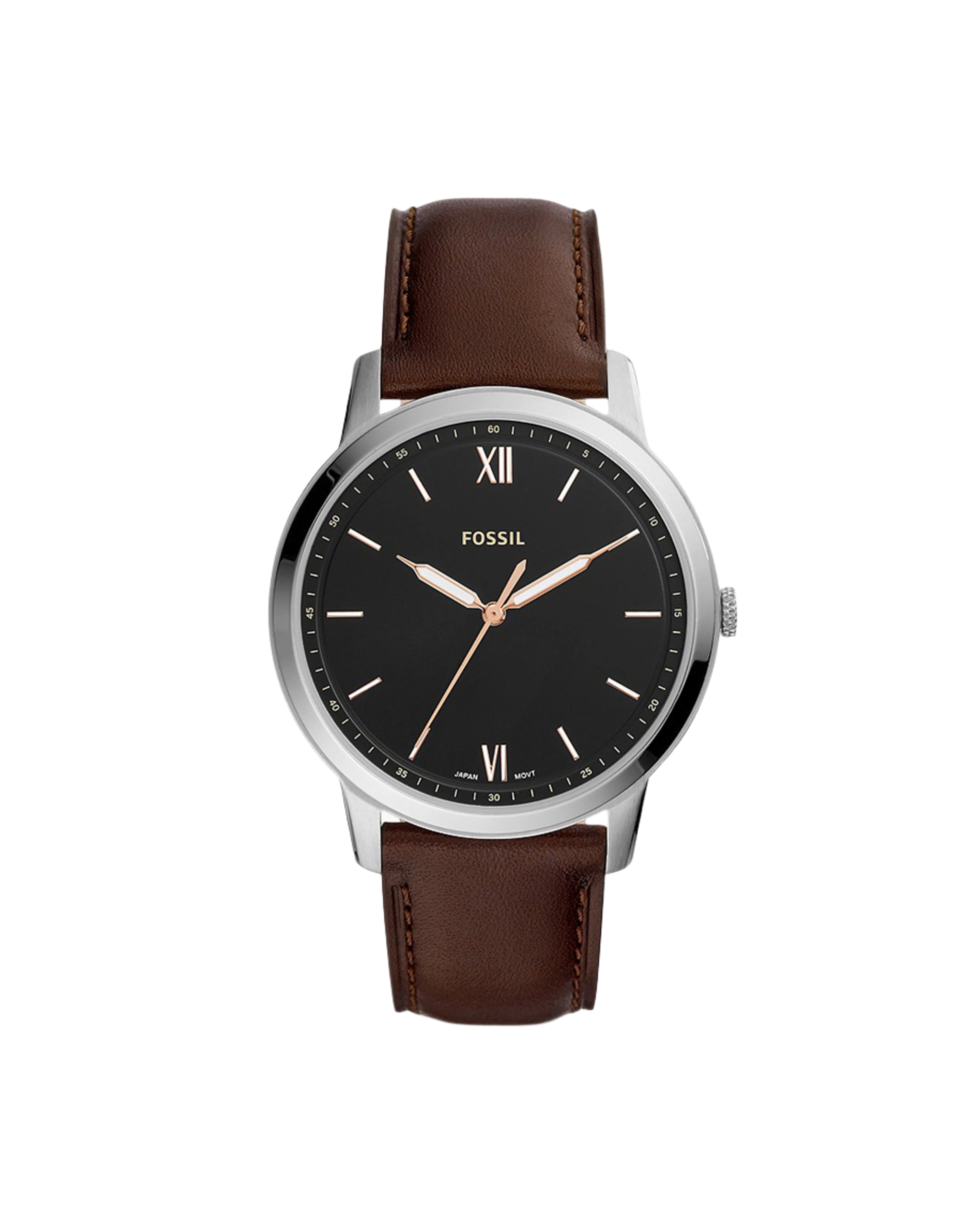 A Fossil brand watch with a black satin dial featuring Roman numerals, a brown leather strap, and a silver-toned case.