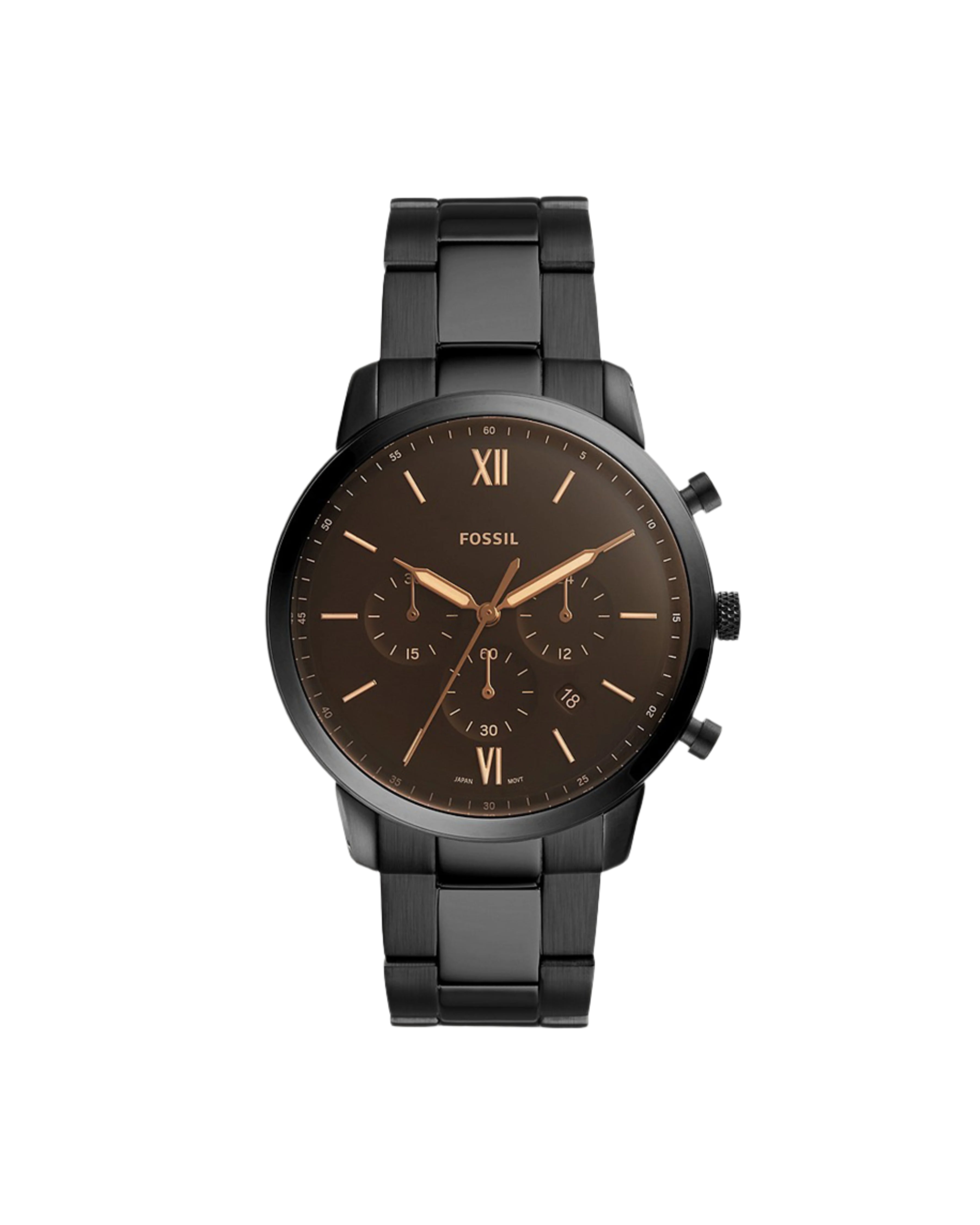 A black ion-plated stainless steel Fossil Neutra chronograph watch with a black satin dial and a bracelet. Features include luminous hands, Roman numerals at the 6 and 12 o'clock positions, and a date display.