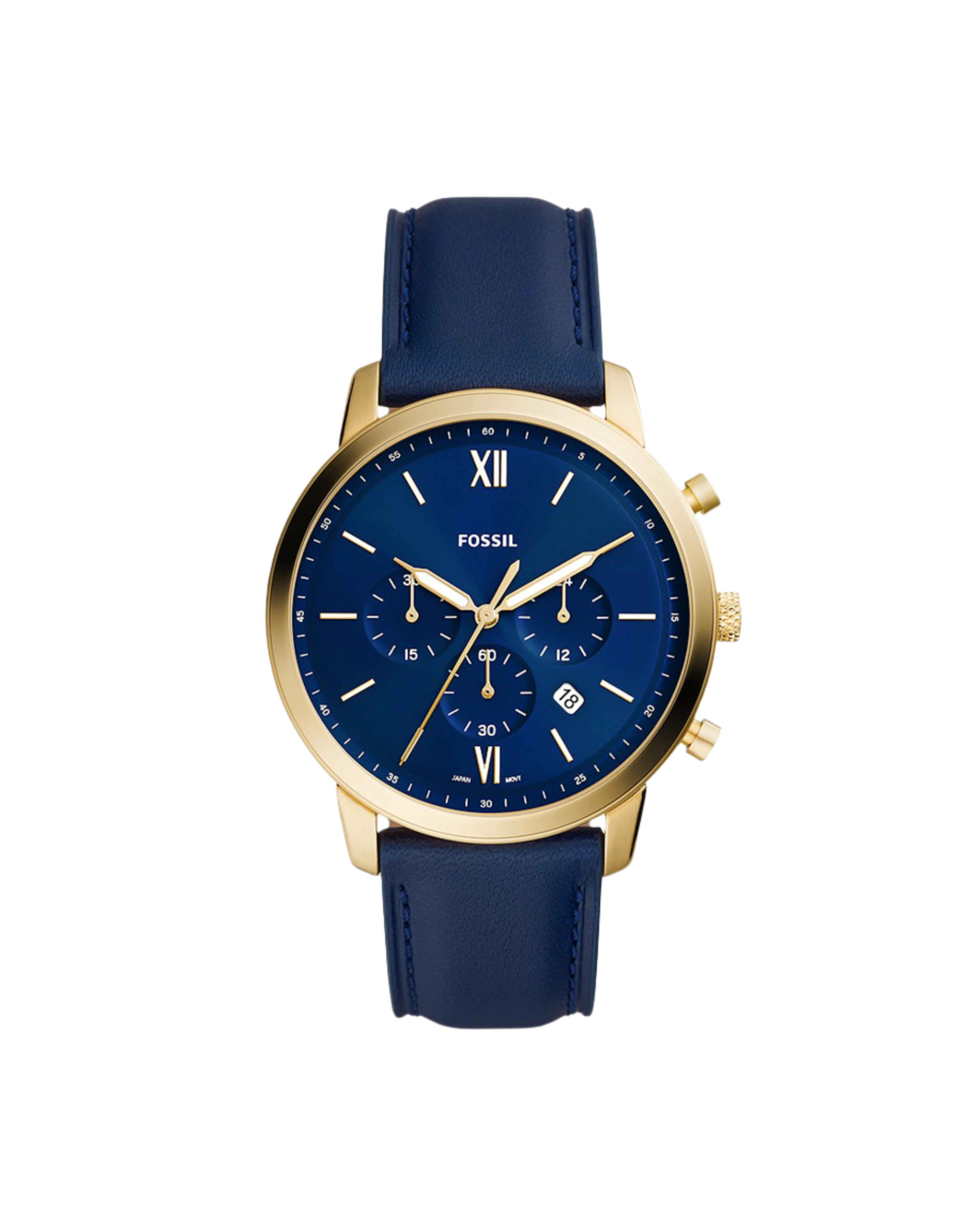 A Fossil Neutra Chrono FS5790 watch with a blue dial and gold case, displayed on a white background.