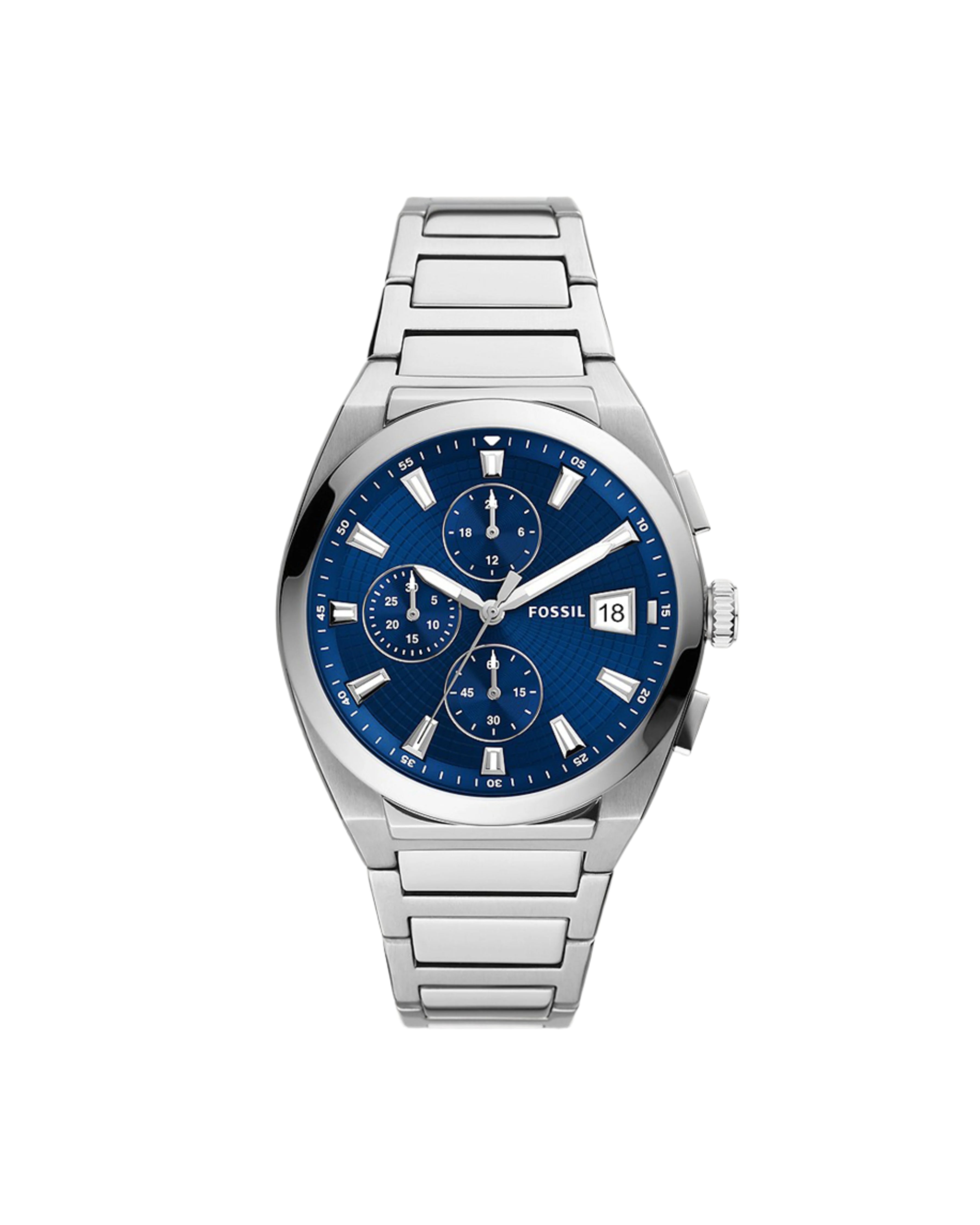 A stainless steel Fossil Everett Chronograph watch with a blue dial and silver bracelet. Features include luminous hands and markers, a chronograph display, and a date indicator.