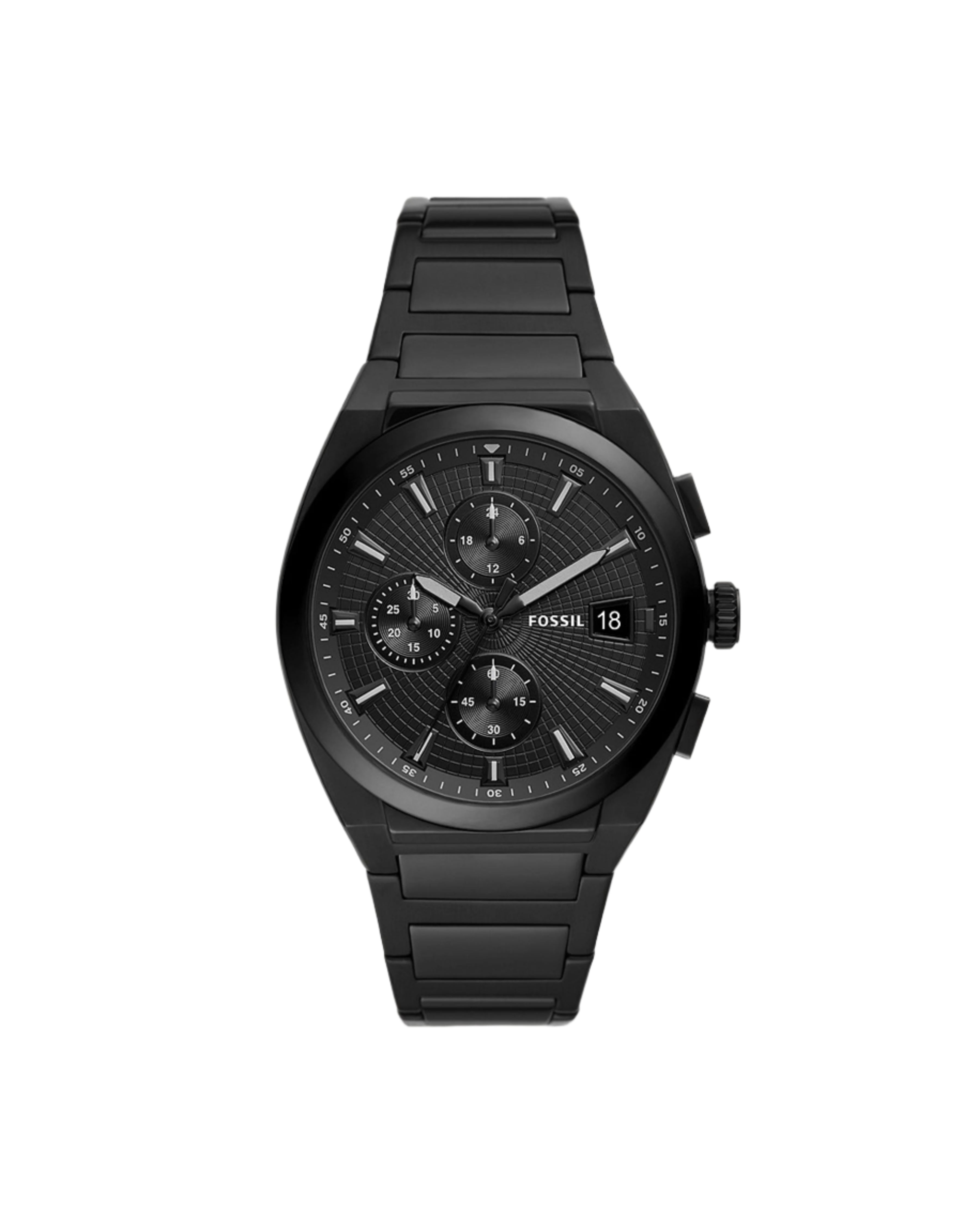 A black-plated stainless steel Fossil Everett Chronograph watch with a black dial, chronograph sub-dials, and a date display at the 3 o'clock position.