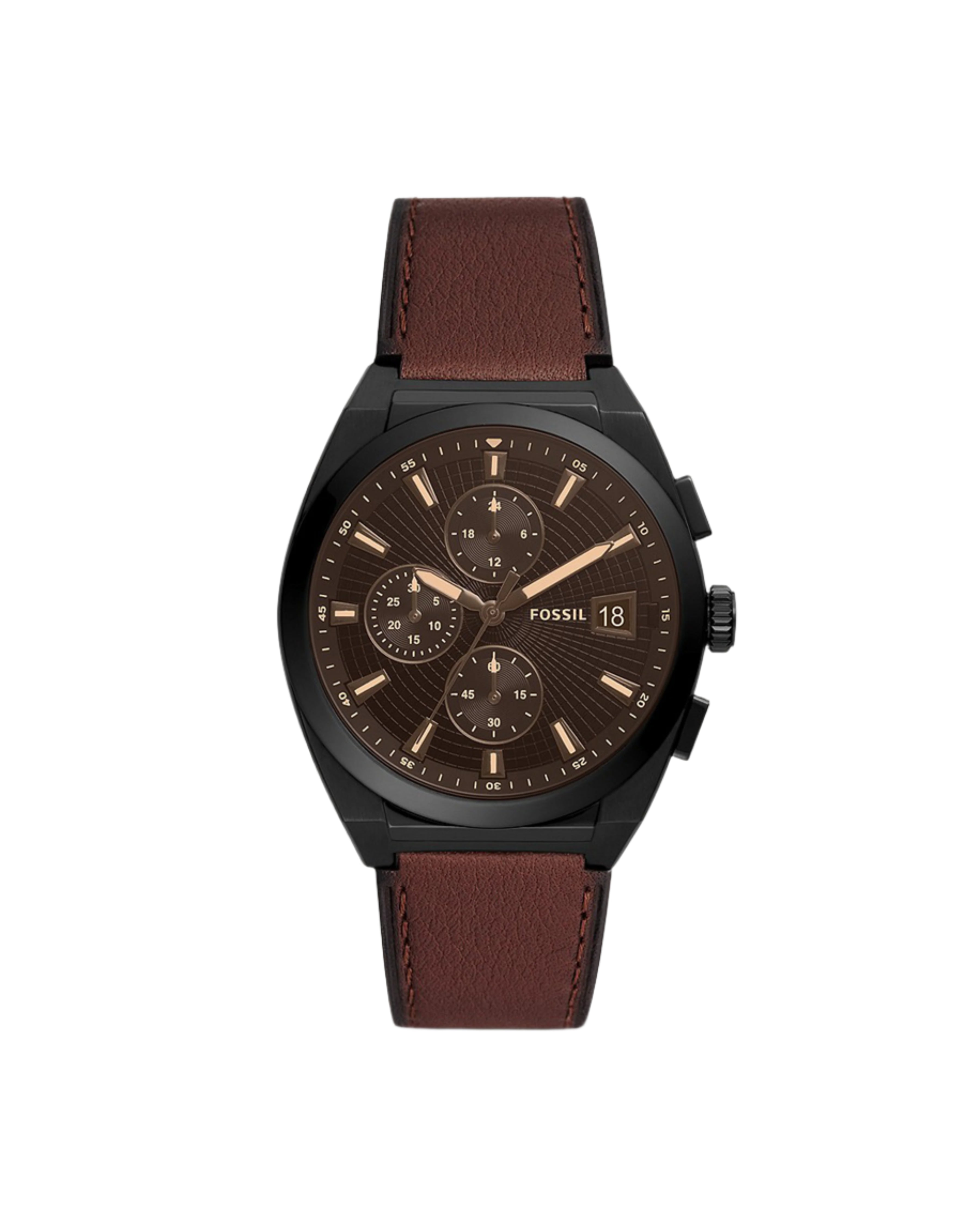 A black-plated stainless steel watch with a brown leather strap, featuring a black dial with luminous black hands, index hour markers, and a chronograph with three sub-dials.