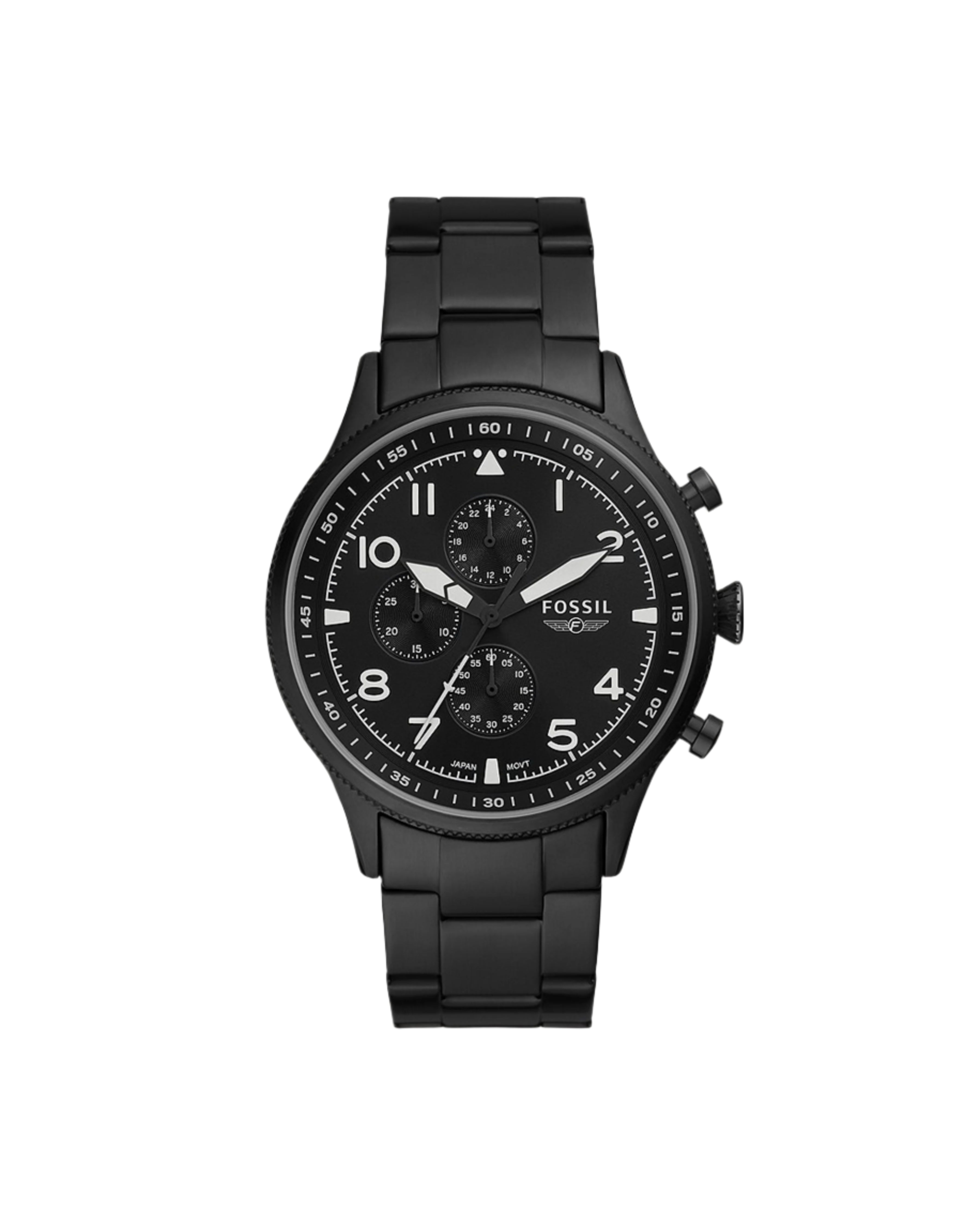 A black Fossil FS5811 Pilot Chronograph Watch with a matte dial and black stainless steel bracelet.
