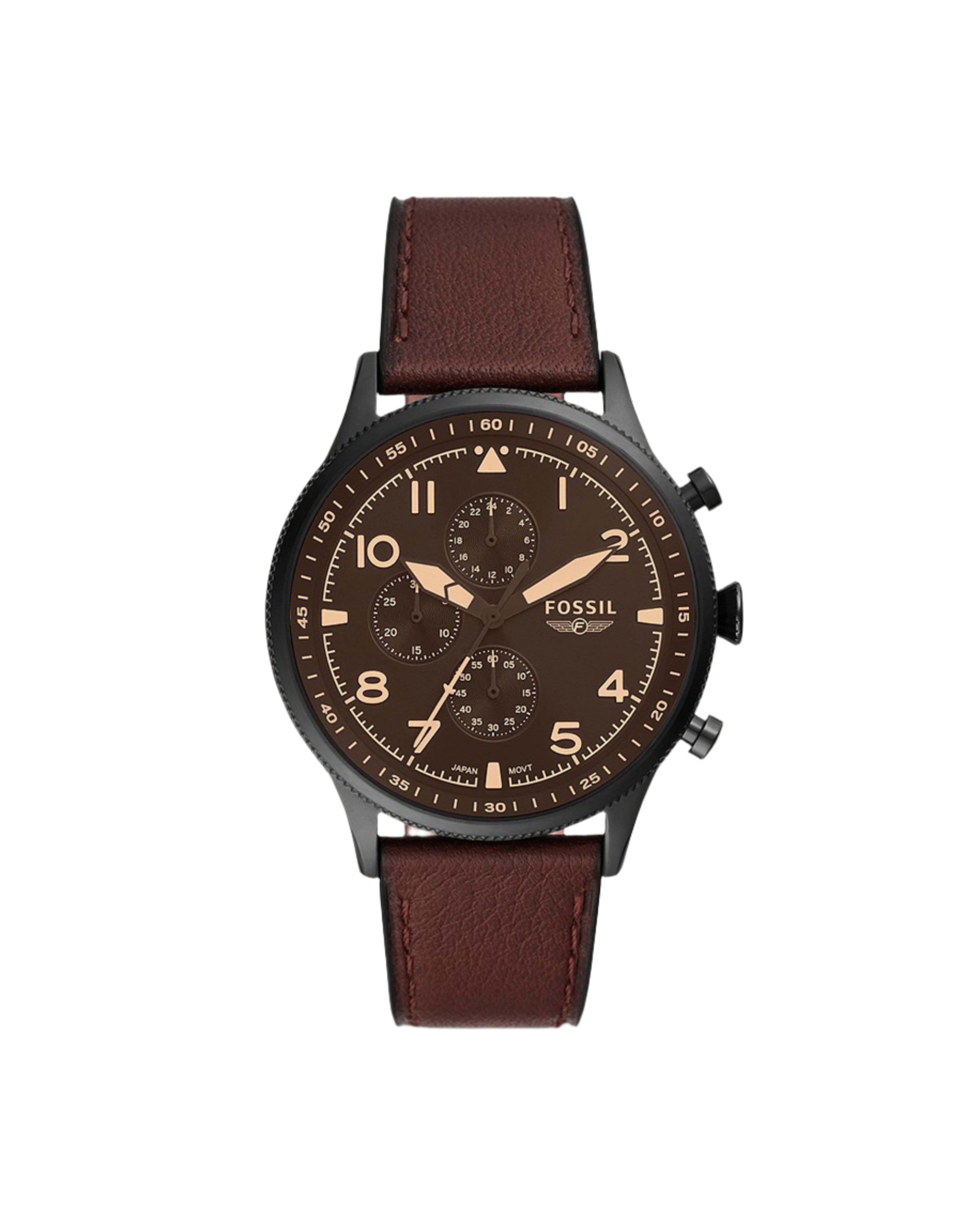 A black and brown pilot chronograph watch with a matte dial and a dark brown leather strap.