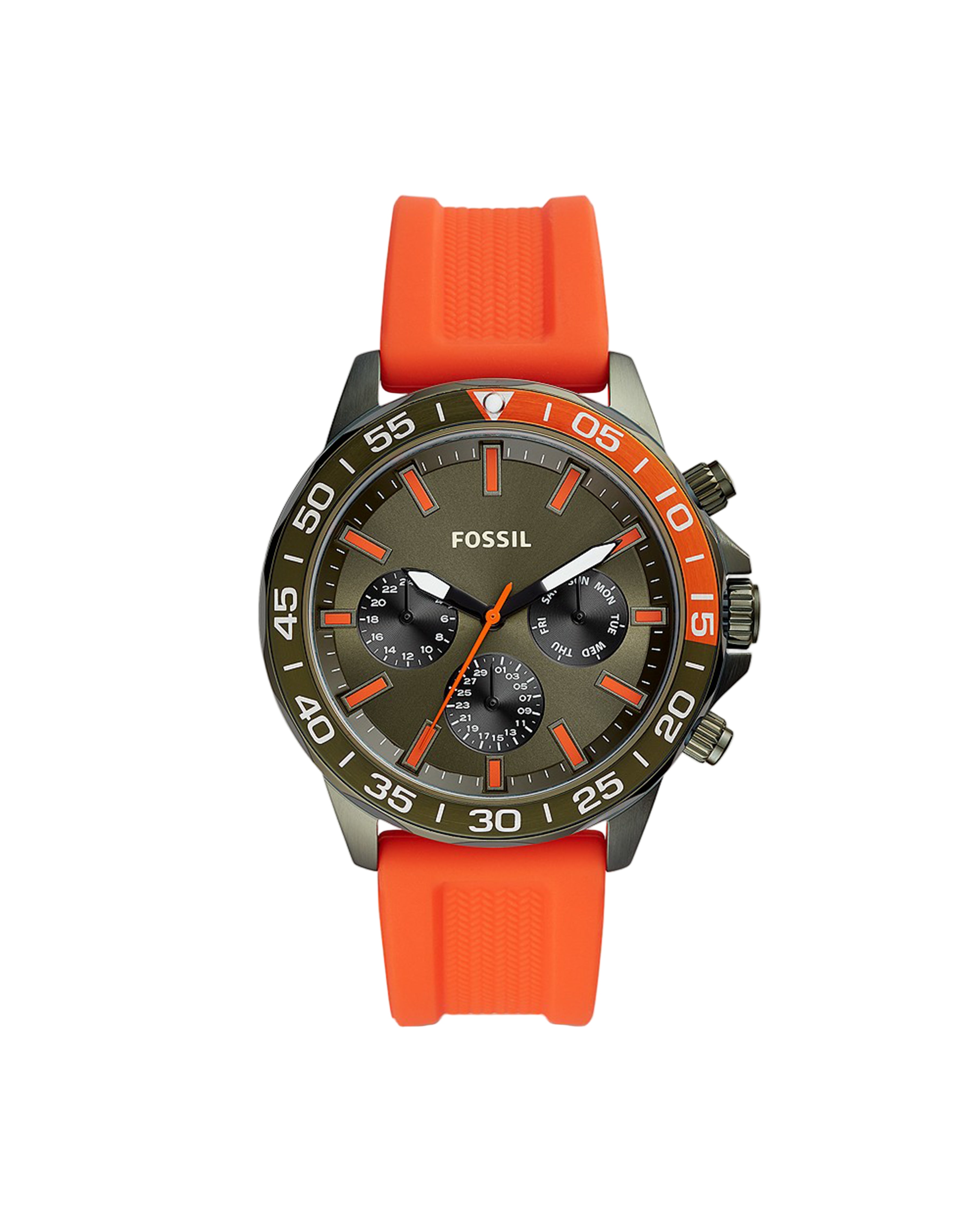 A Fossil Bannon wristwatch with a green dial, orange silicone band, and stainless steel case.