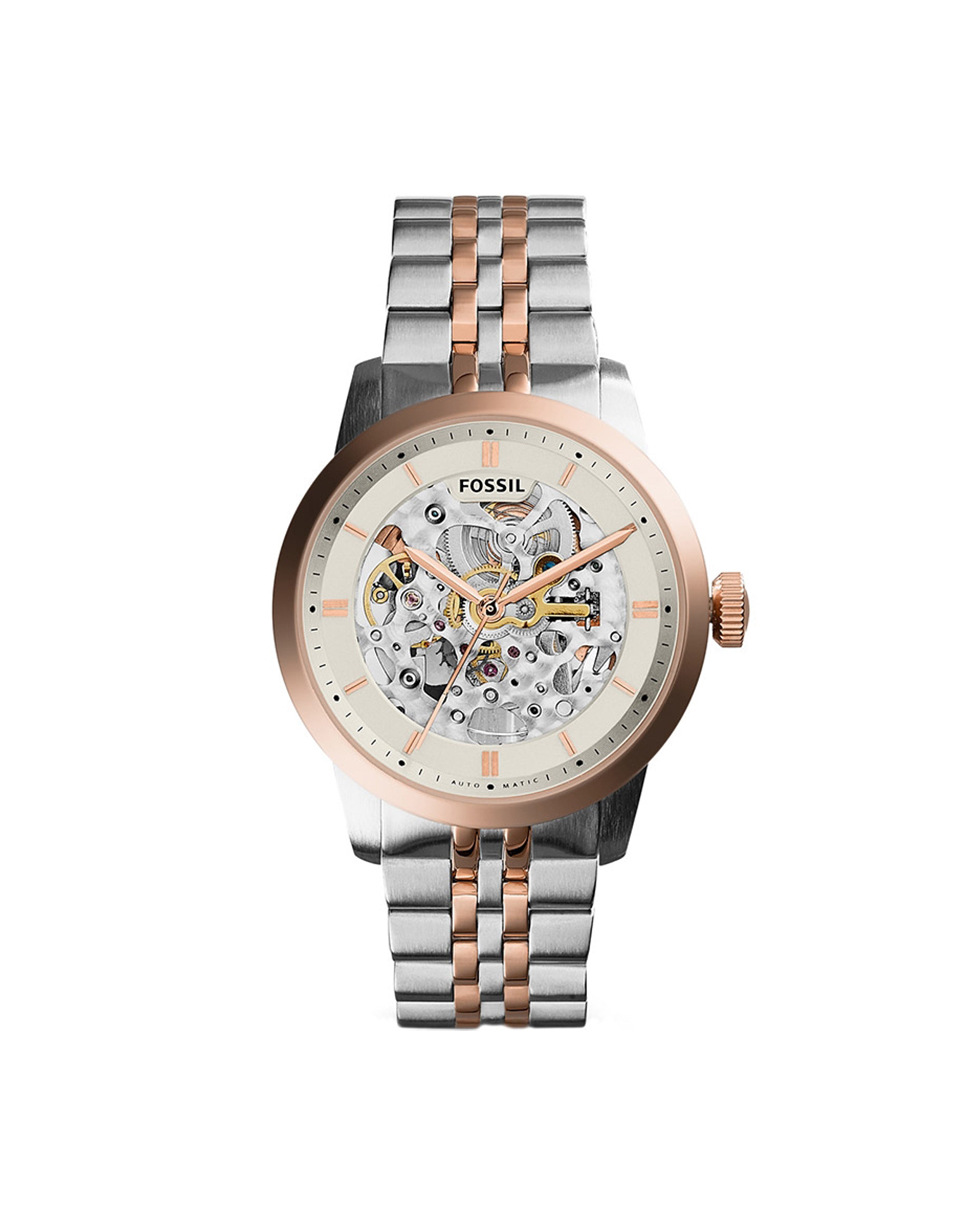 A Fossil Townsman automatic watch with a beige skeleton dial, two-tone stainless steel bracelet, and rose gold-tone bezel.